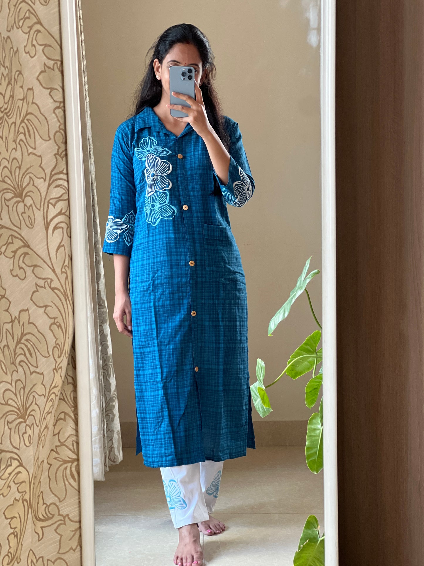 A0111 Handloom cotton 2pc set with machine embroidery detailing for top and bottom