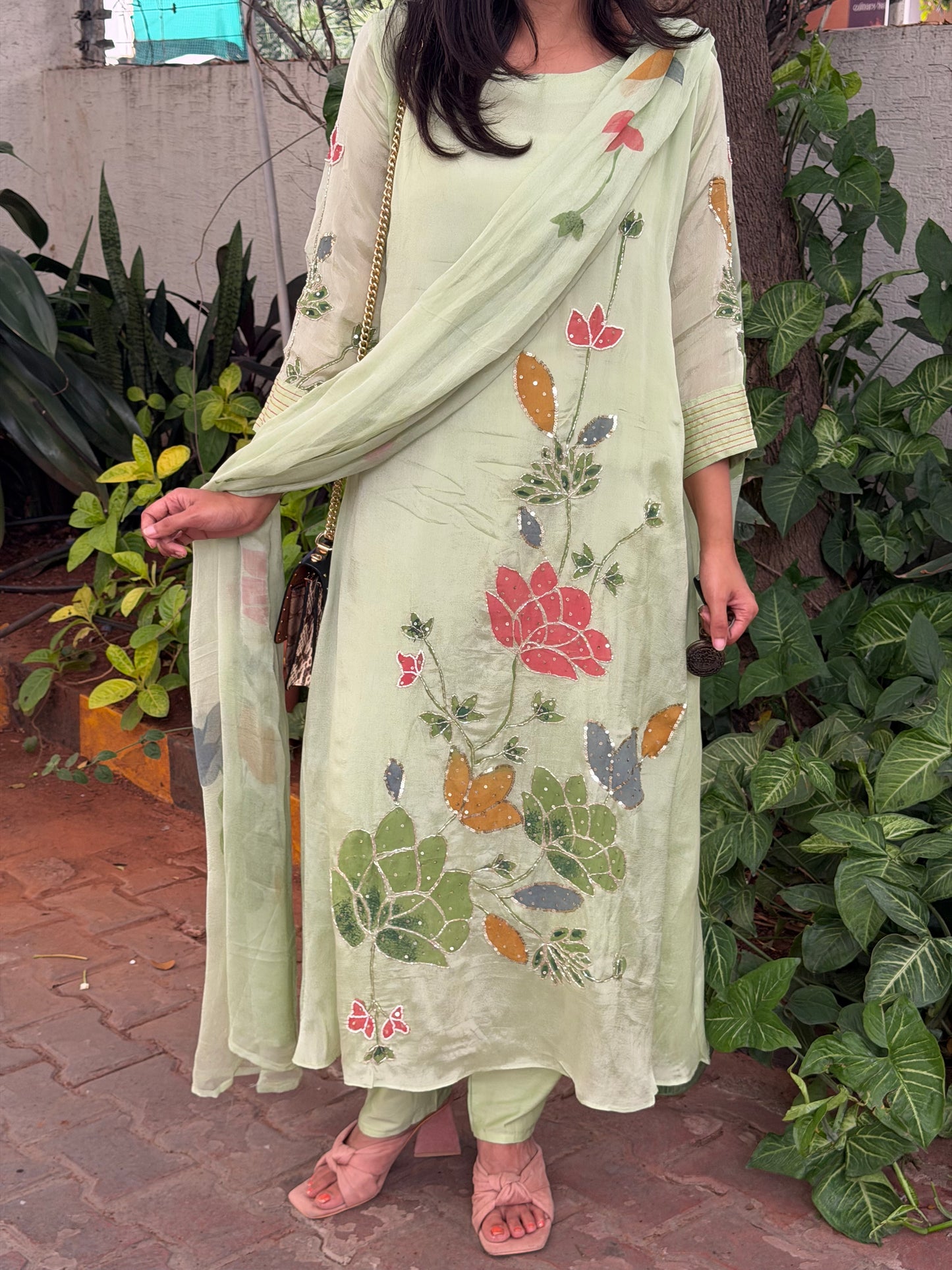 A0588 Pista Green hand painted 3pc set with beautiful shiffon duppata