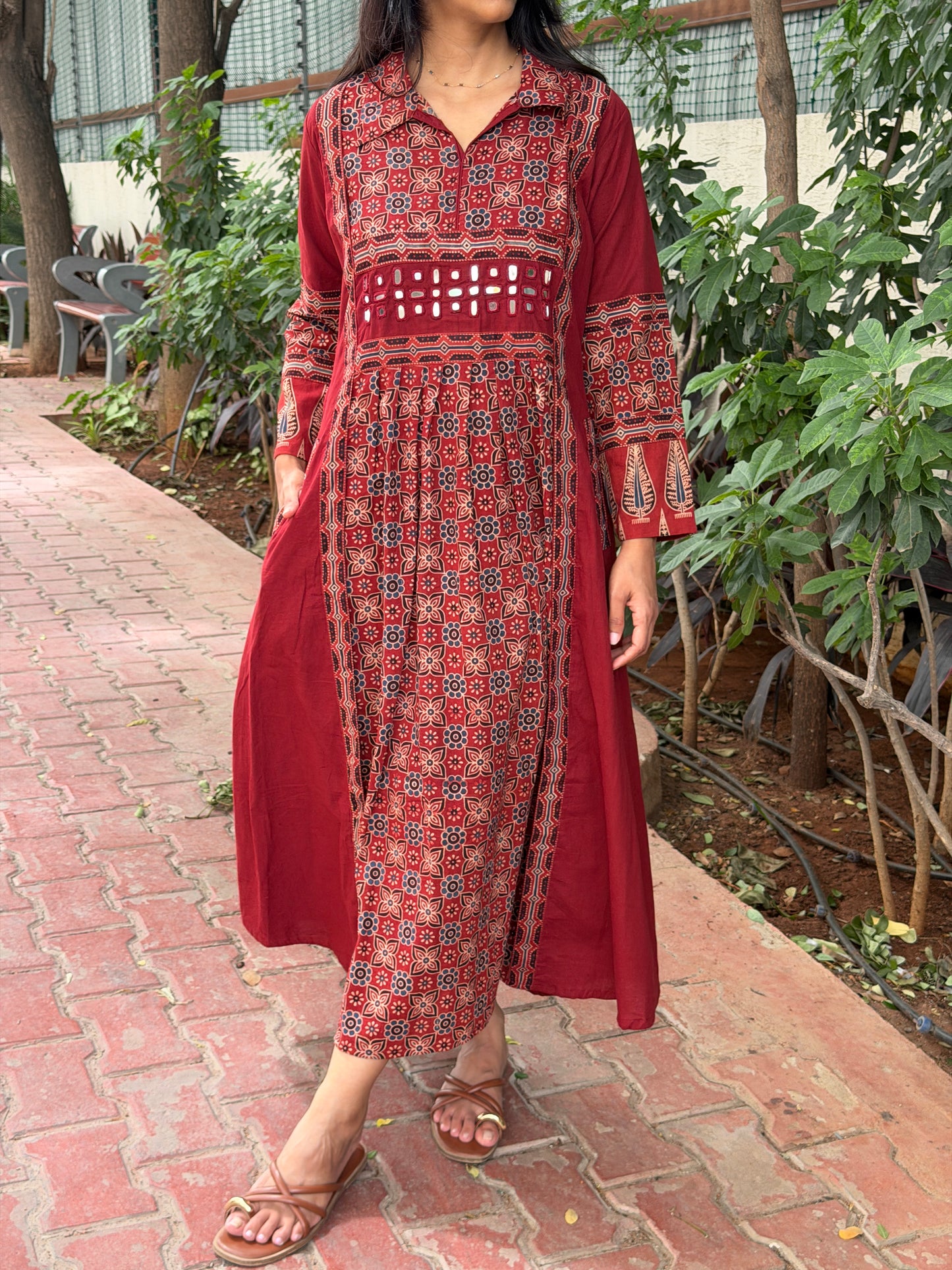 A0801 Red Ajrak pure cotton A-line dress