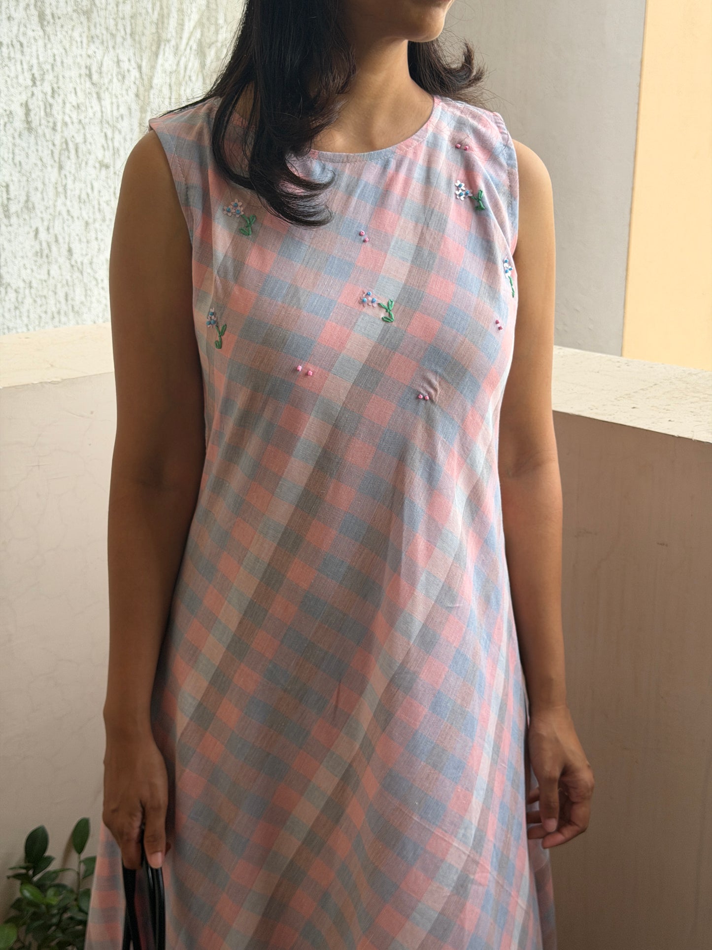 A0775 The checkmate. Mul cotton nude palette checks A-line dress.