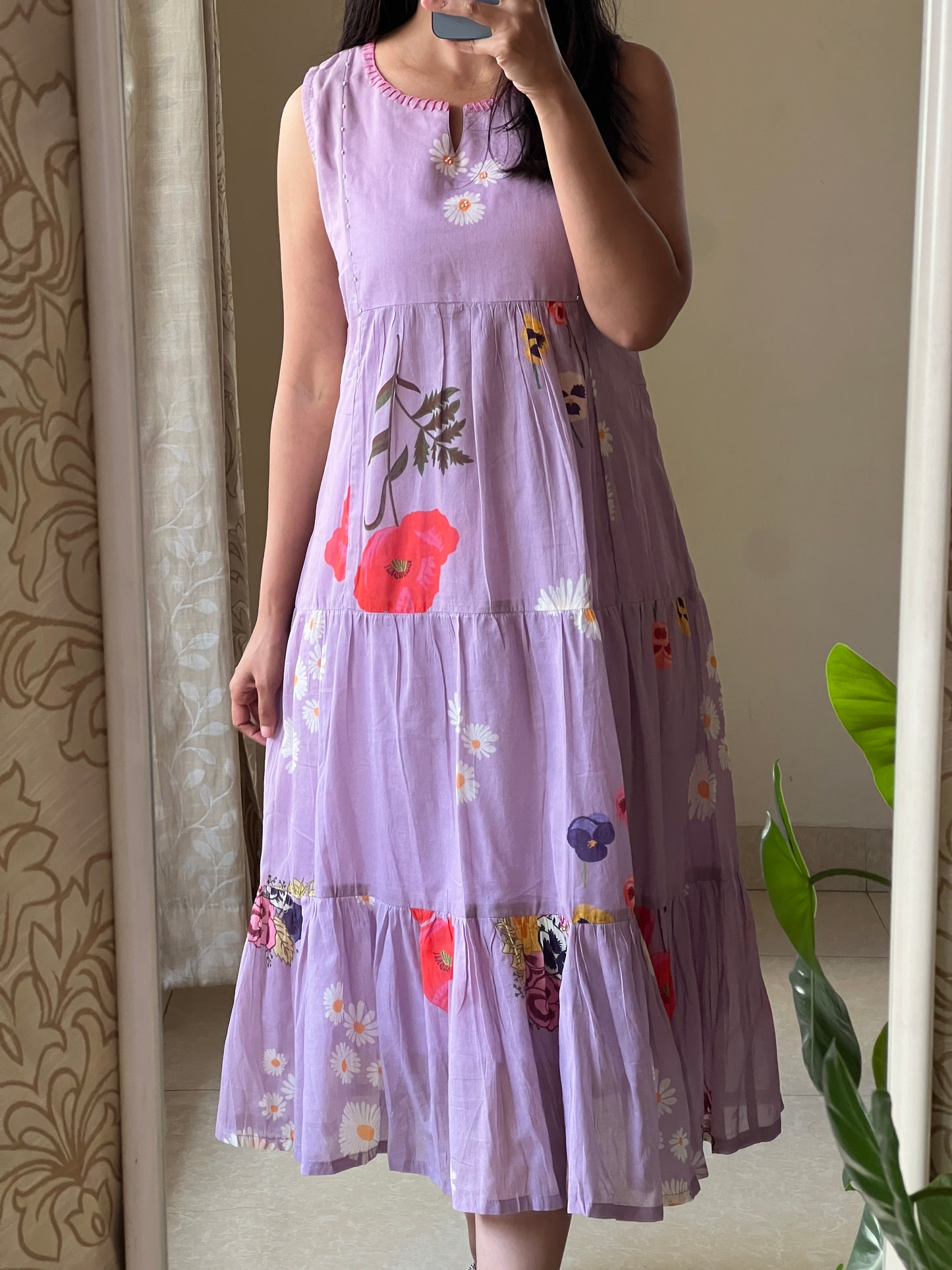 A0569 lavender cotton floral printed one piece dress comes with cotton lining inside