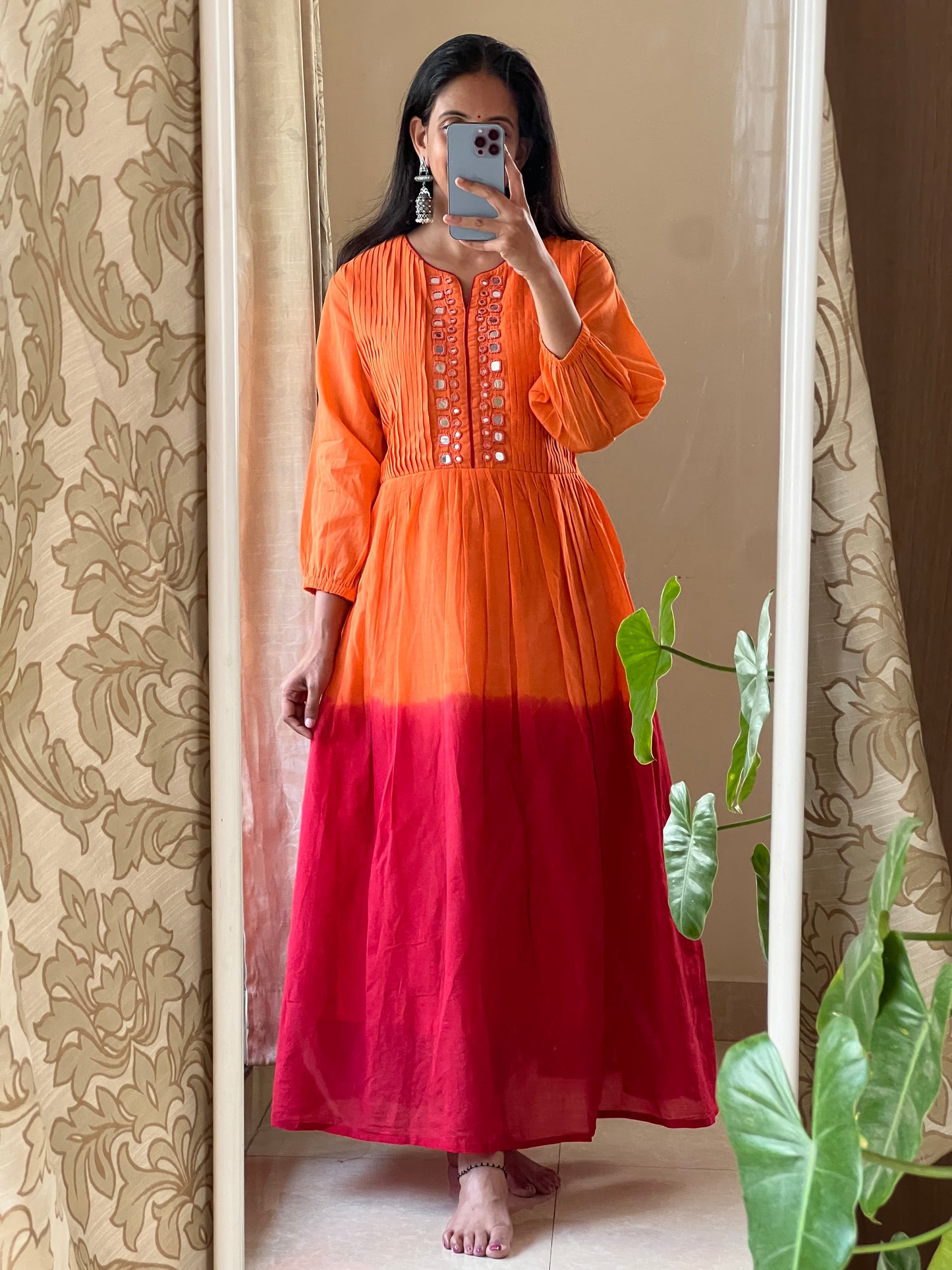 A0350 orange & red mulmul shaded one piece dress with mirror work embroidery & pleats detailing