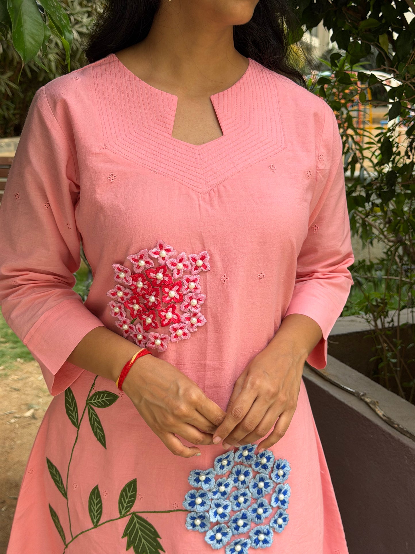 A0652 Pink shade Mulmul cotton 2pc with applique work leaves, 3d flowers and hakoba detailing