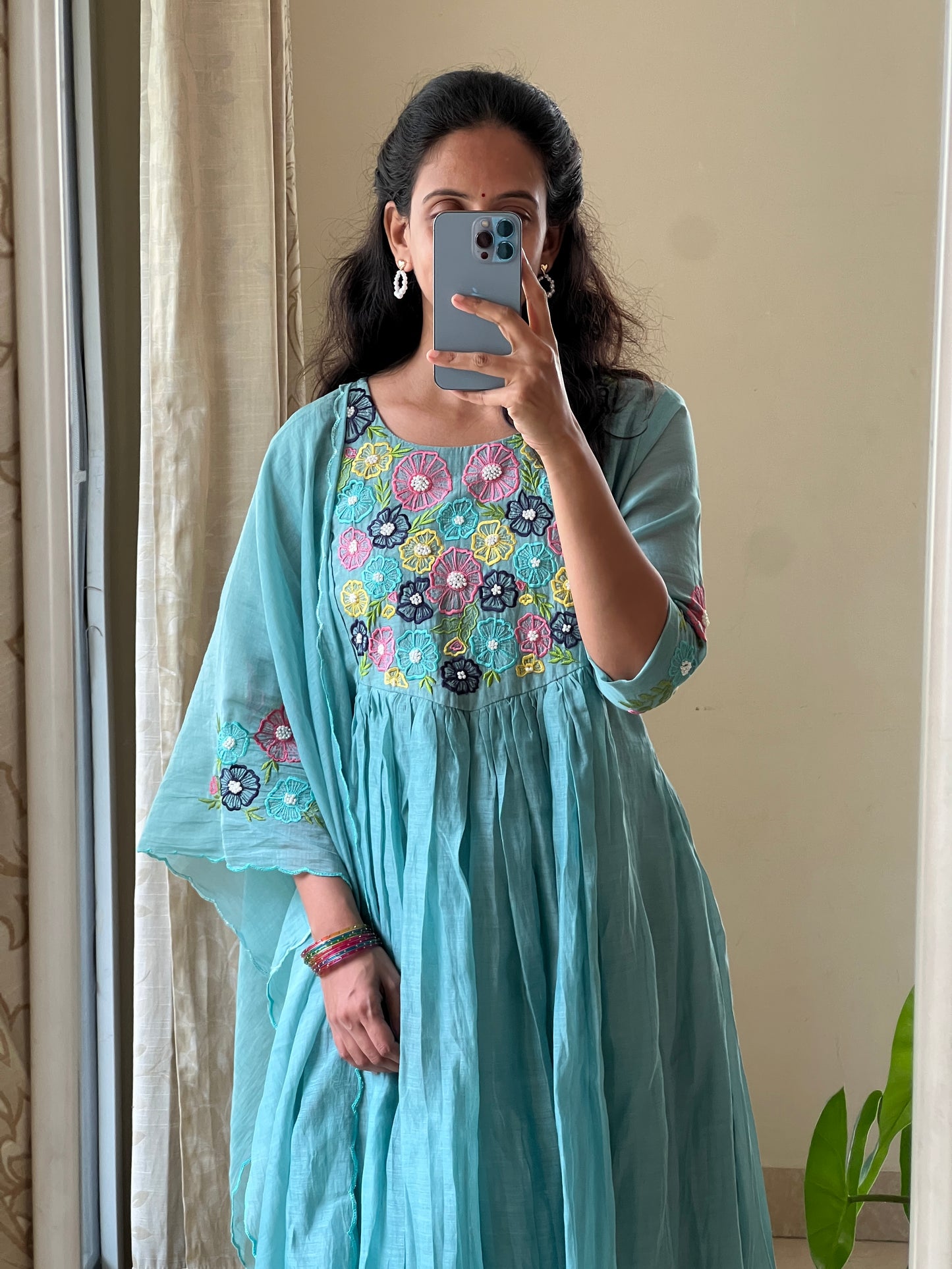 A0521 firozi blue mul chanderi 3 piece dress with multi colour threads floral embroidery all over the yoke & duppatta