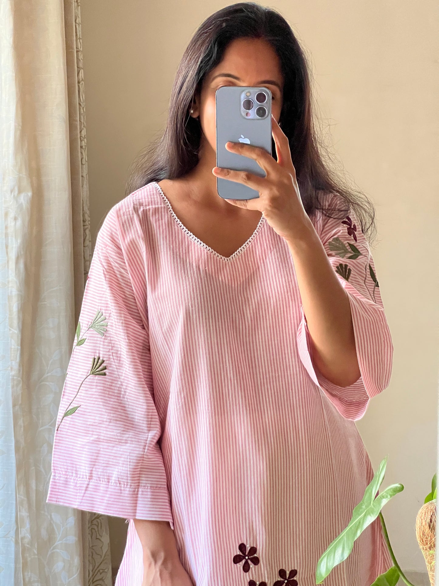 A0091 pink & white stripes handloom cotton 2 piece dress with machine embroidery detailing