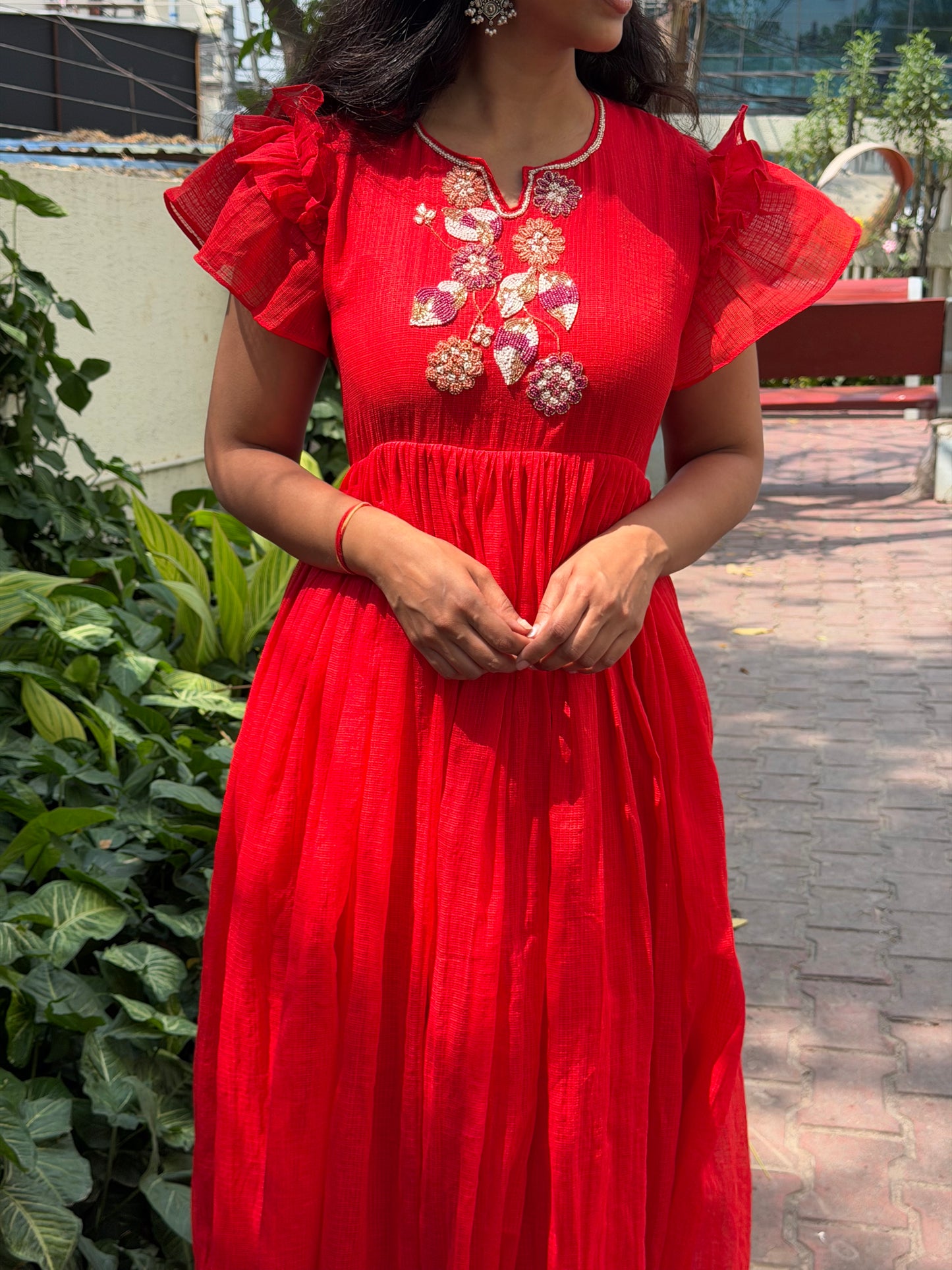 A0650 Beautiful red Kota cotton frock with beads and motti details