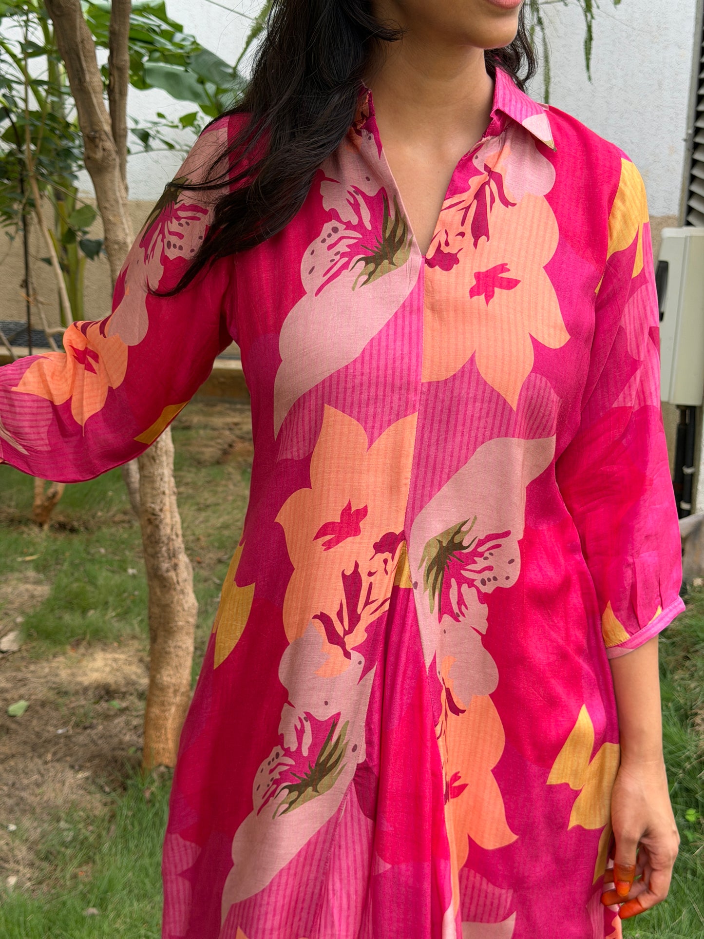 A0808 Fuchsia Pink Cotton Silk dress