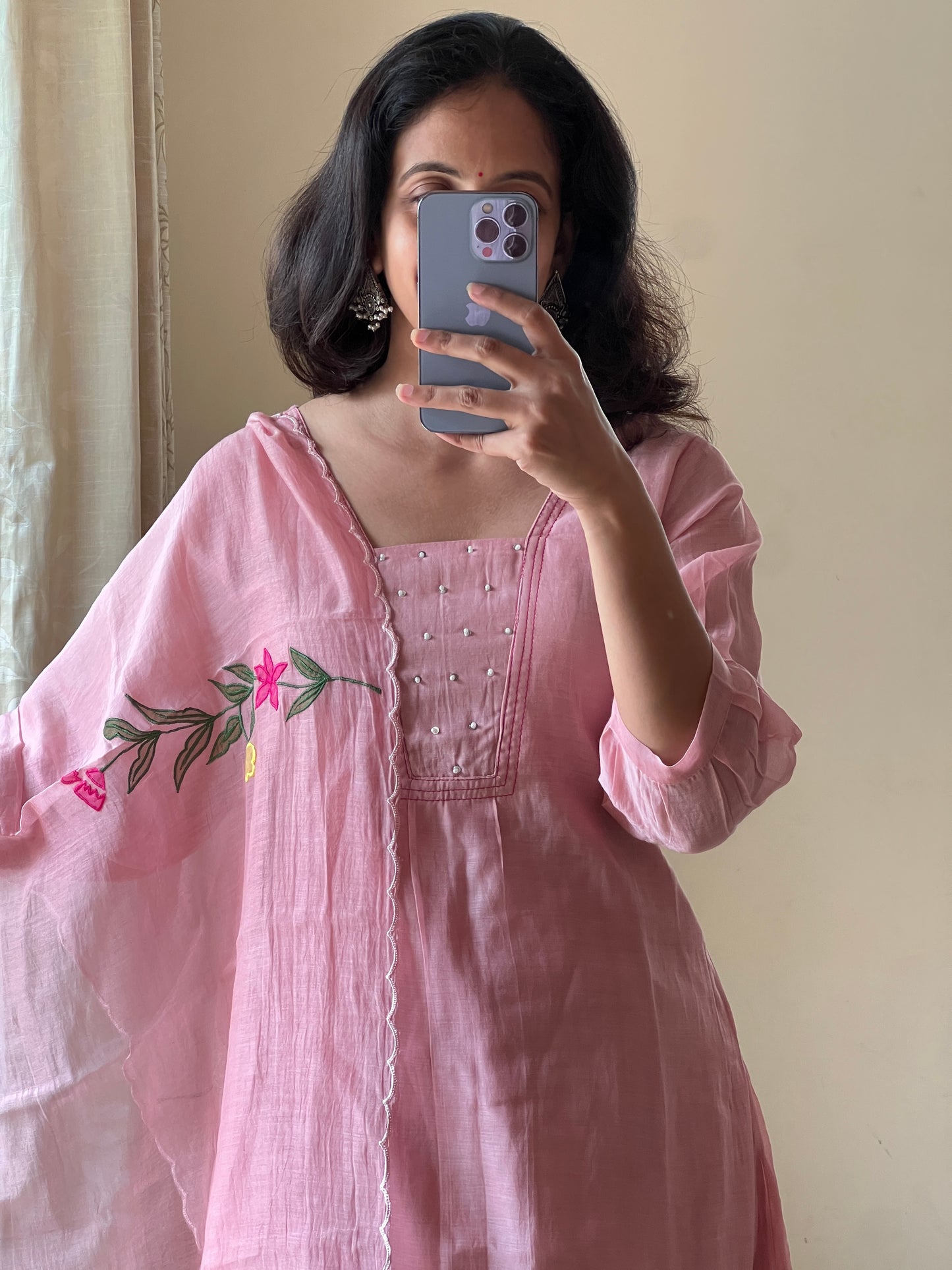 A0420 nude pink mul chanderi 3 piece dress with applique work embroidery