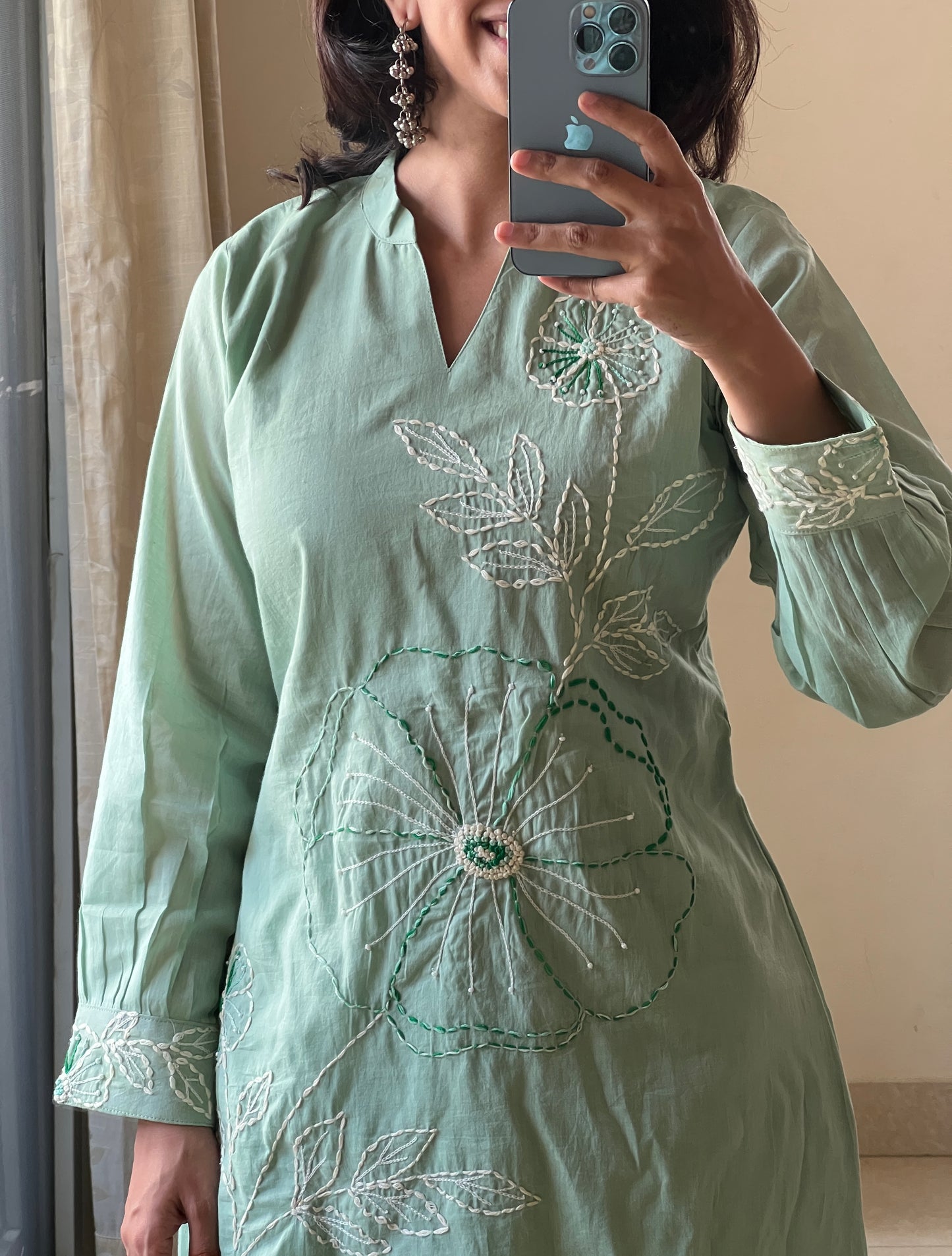 A0448 Pista Green Mulmul coord set with hand embroidery detailing