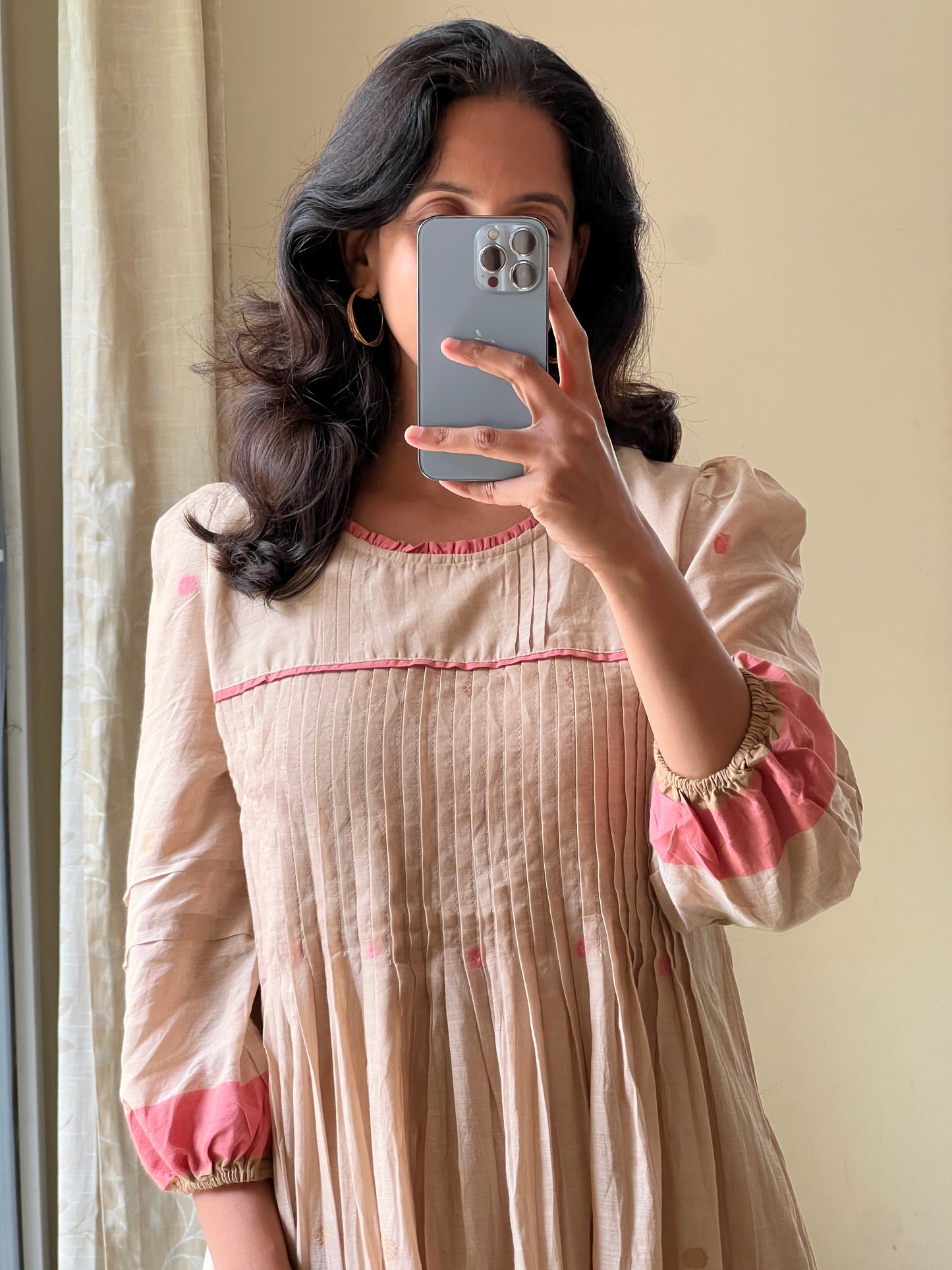 A0507 cream Bengal cotton jamdani one piece layered dress