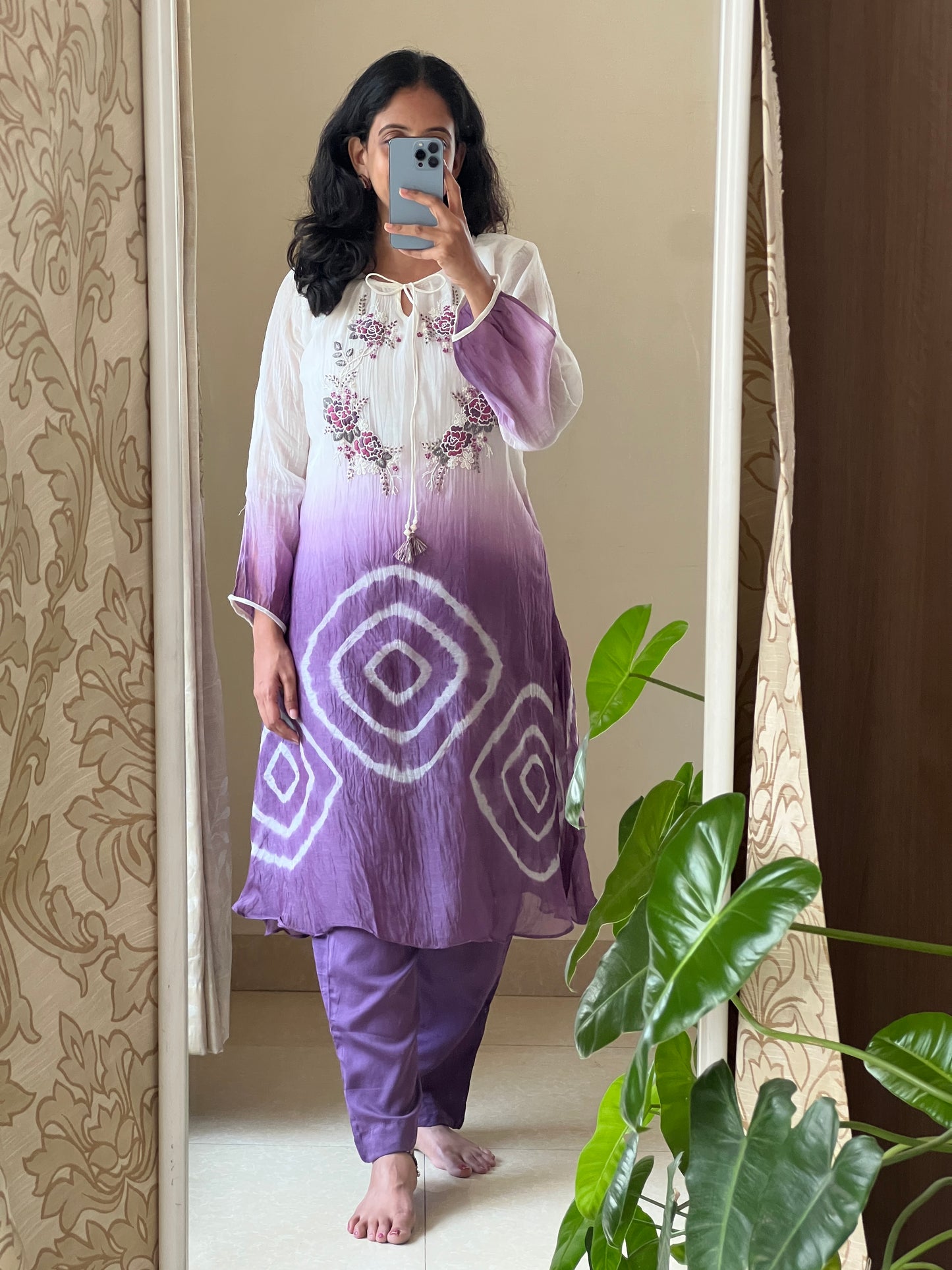 A0500 white & purple tie dye mul chanderi coord set with hand embroidery detailing on yoke part