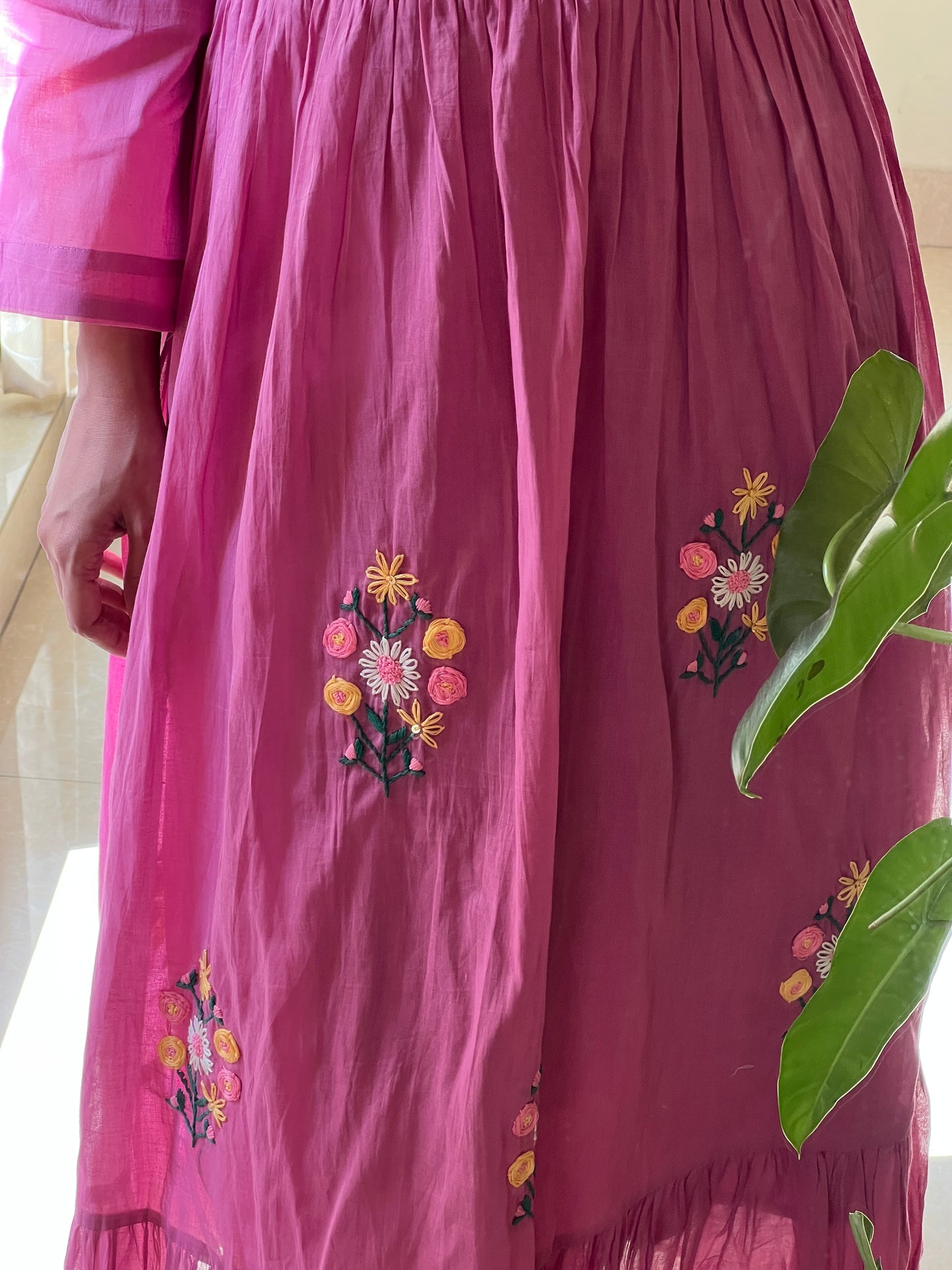 A0547 pink Mulmul one piece dress with rose bunches hand embroidery all over the dress & smocking detailing over yoke part