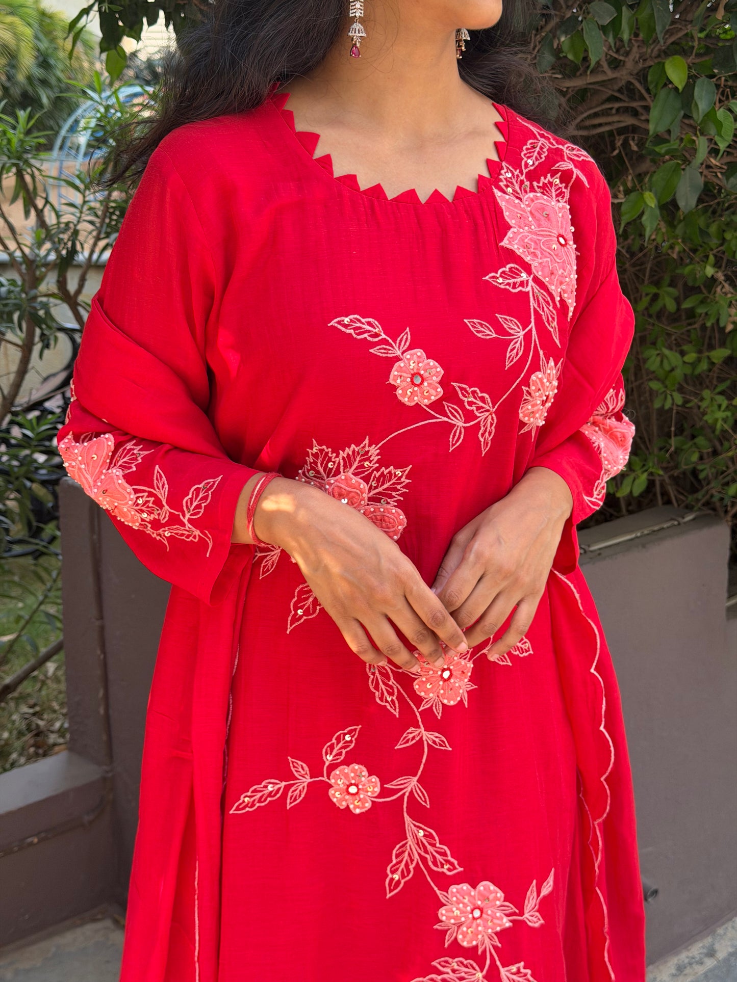 A0698 red mul chanderi 3 piece dress with applique & hand work detailing all over the dress