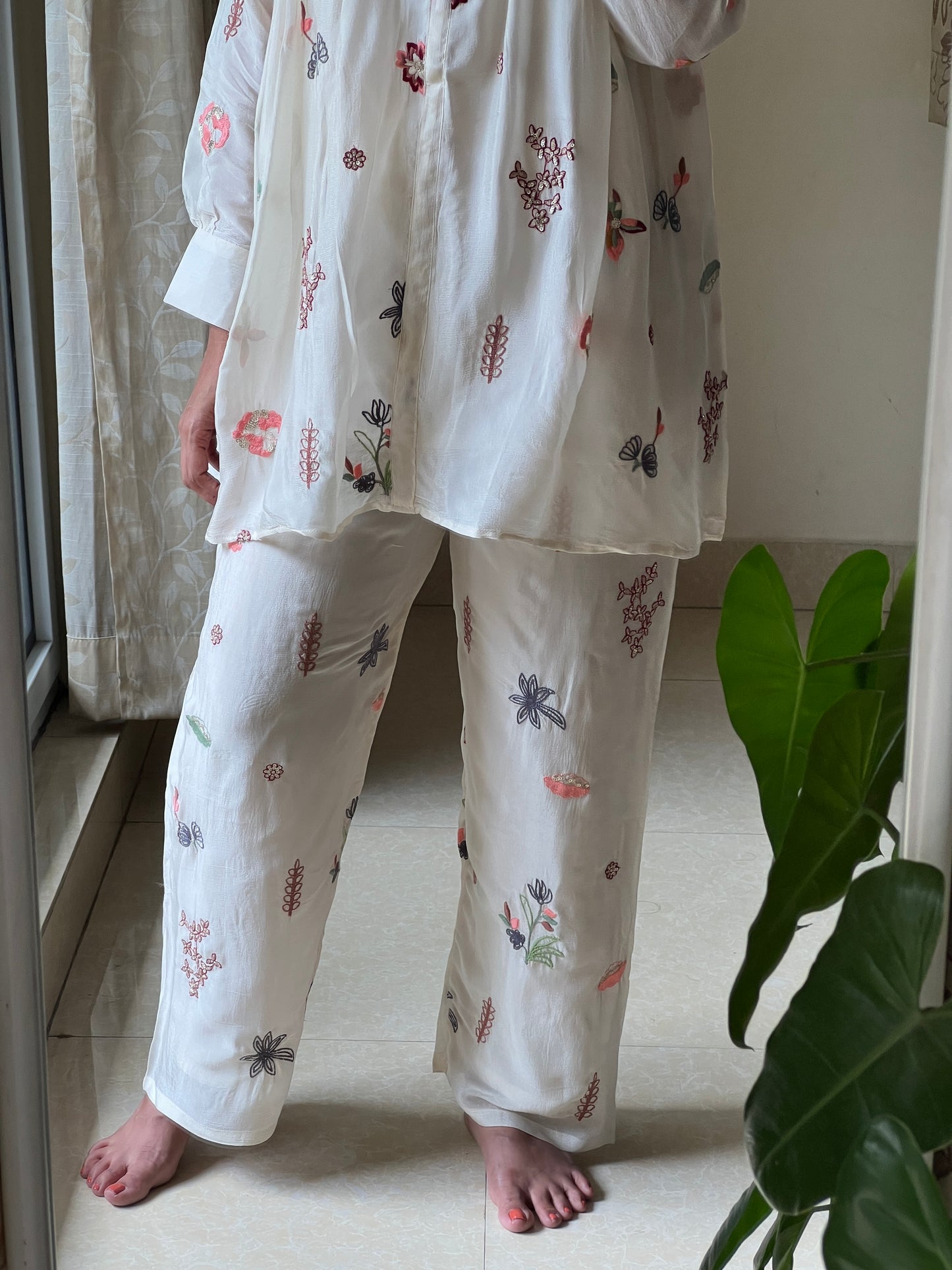 A0508 half white chinnon coord set with embroidery butties all over the dress