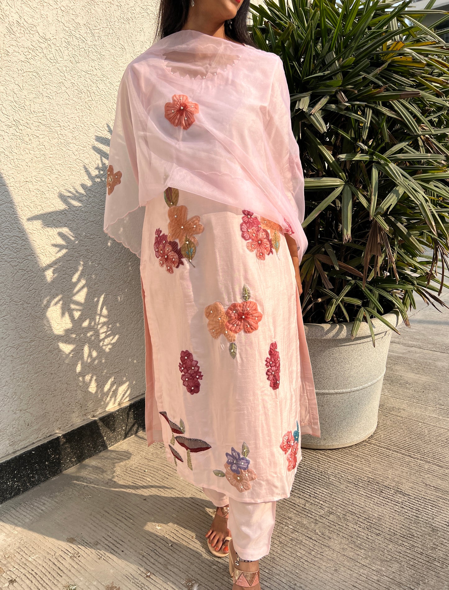 A0340 nude pink Dola silk 3 piece dress with applique work detailing