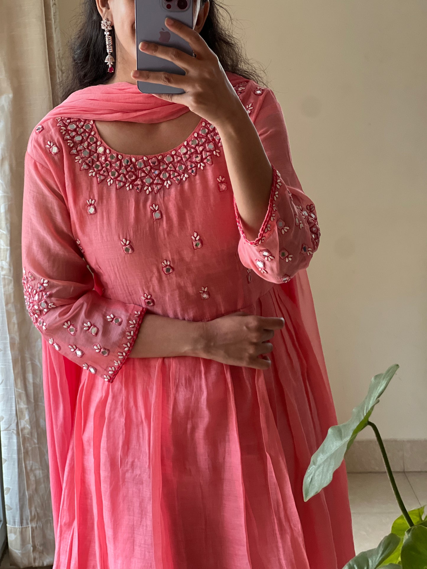 A0385 rose pink mul chanderi 3 piece dresss with mirror work hand embroidery