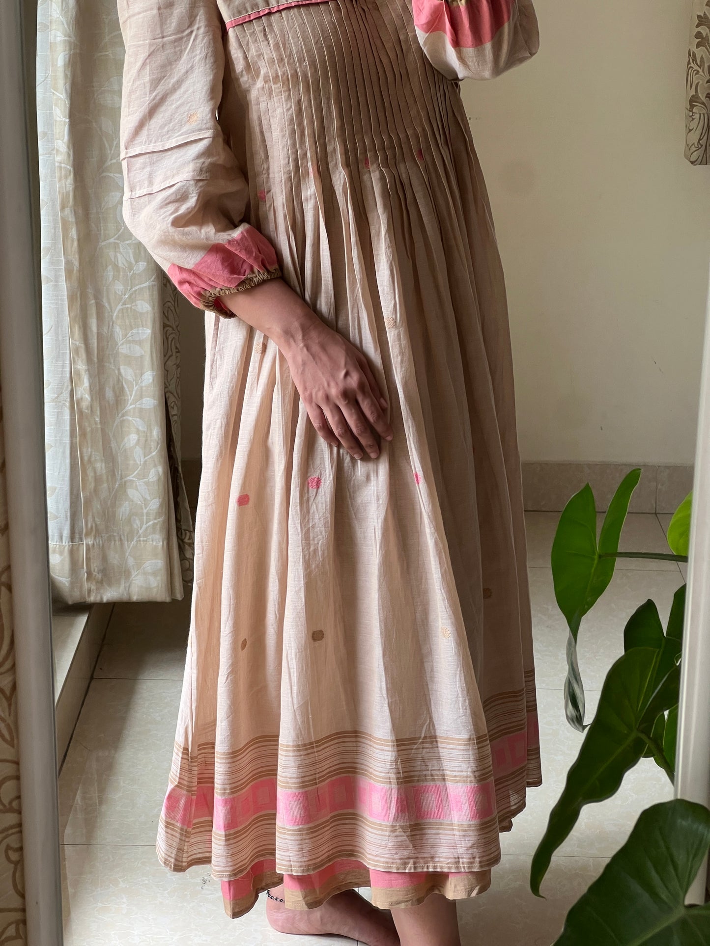 A0507 cream Bengal cotton jamdani one piece layered dress