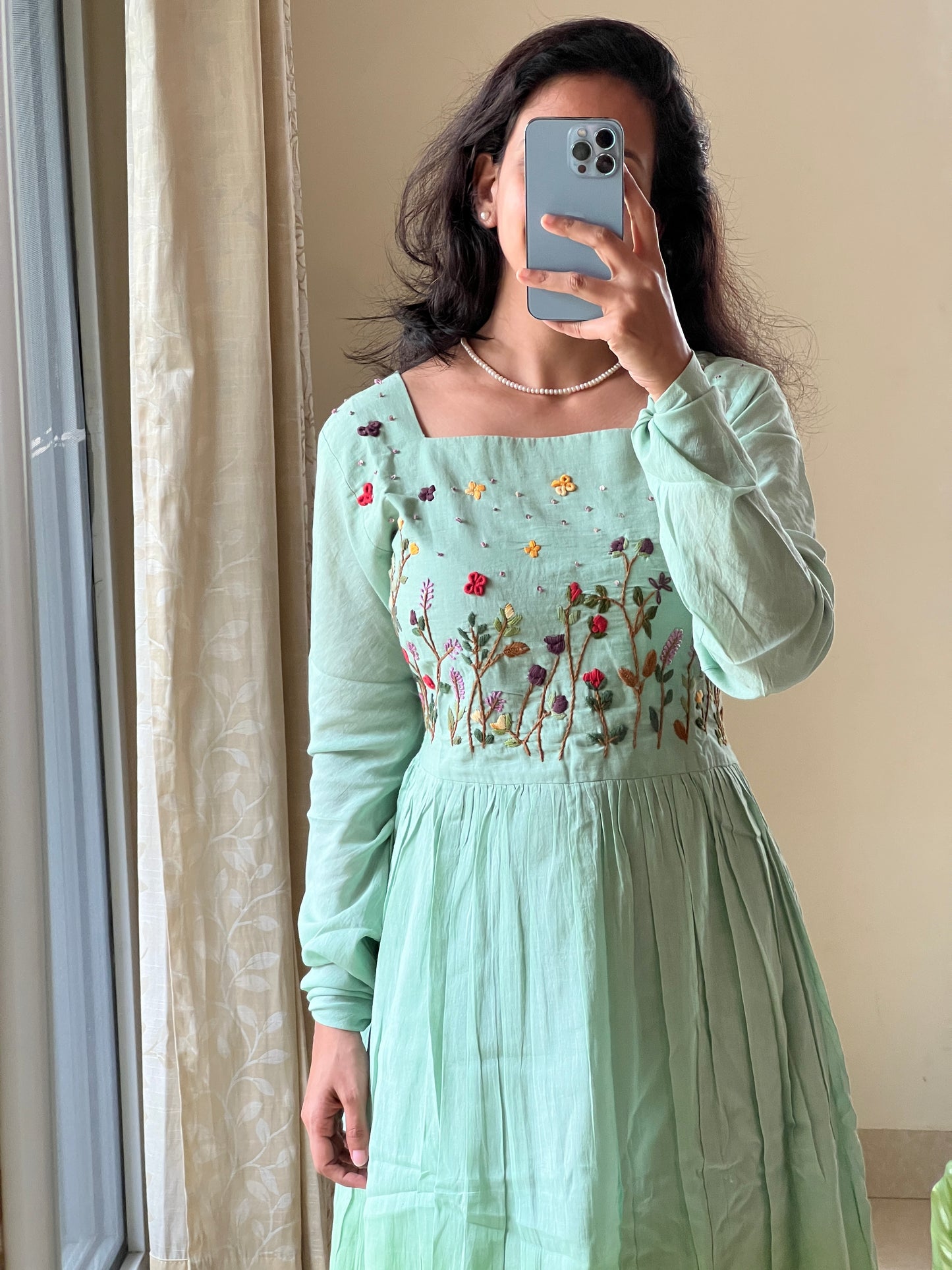 #9141 Mulmul green shaded 2 piece dress with hand embroidery