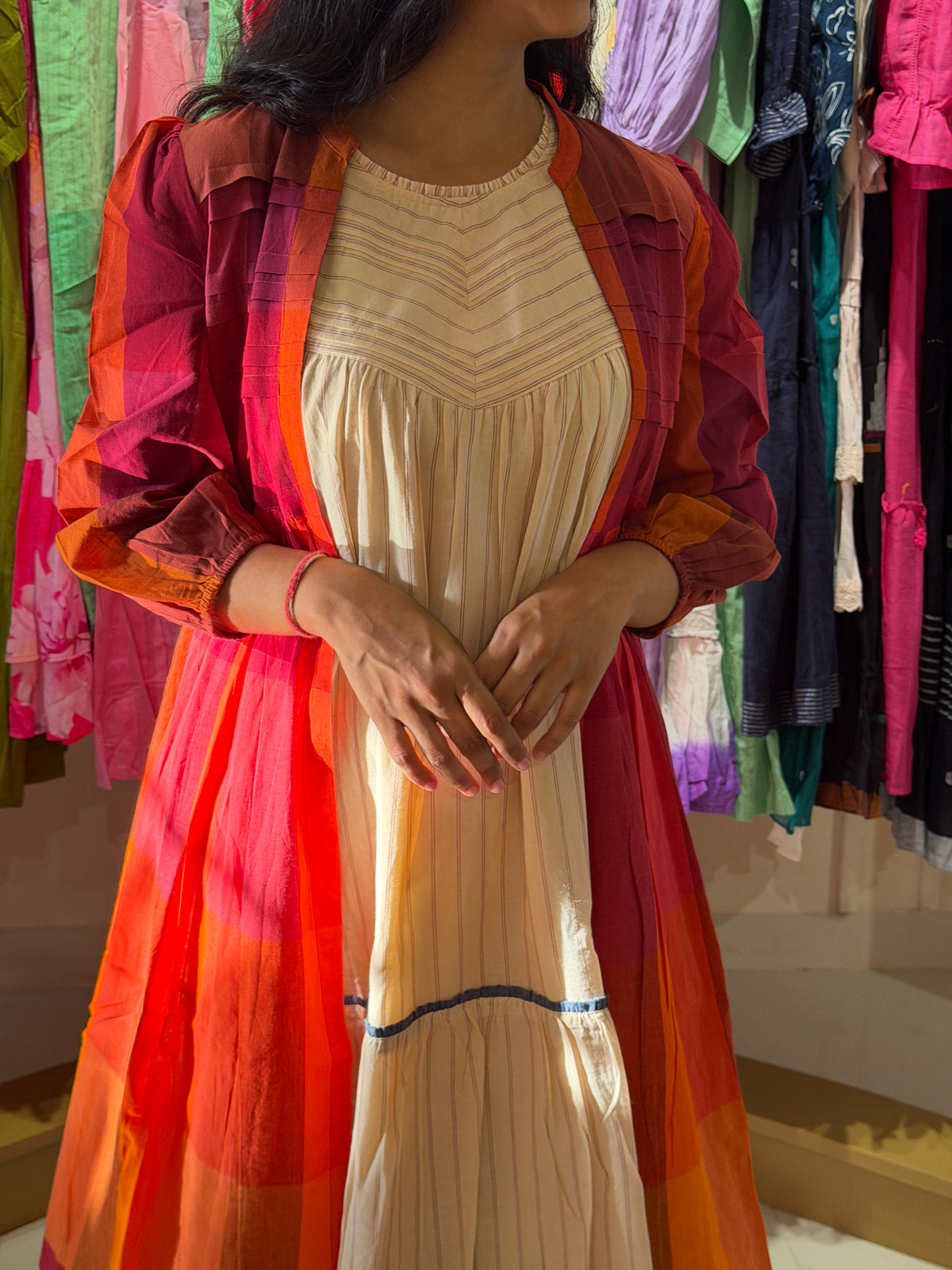 A0540 Madras checks bengal cotton Jamdani dress with removable coat style