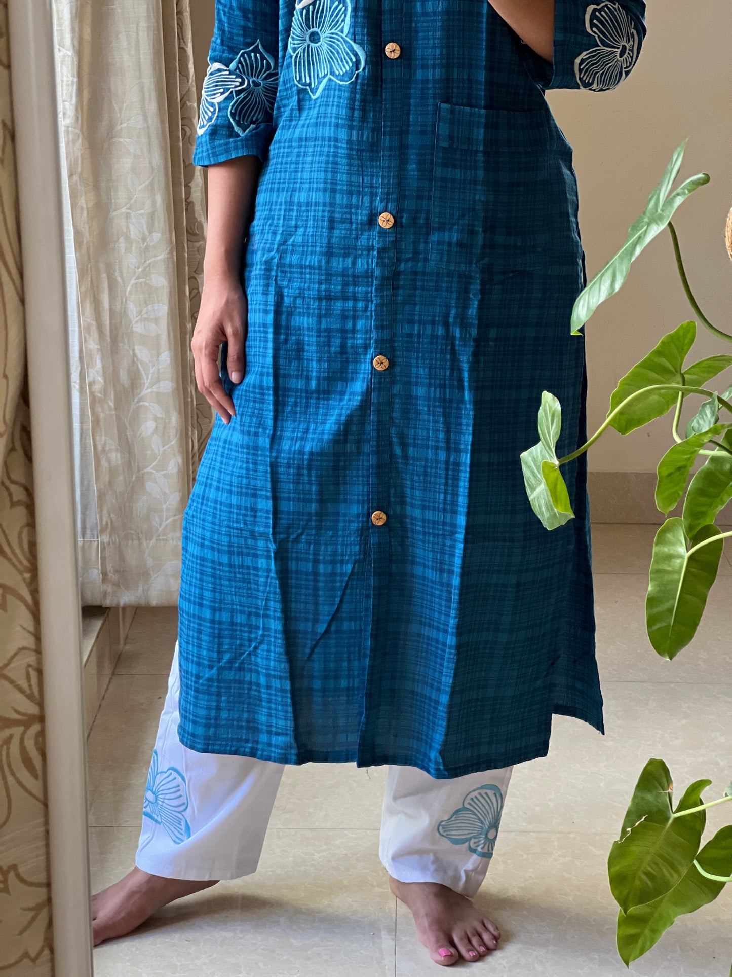 A0111 Handloom cotton 2pc set with machine embroidery detailing for top and bottom