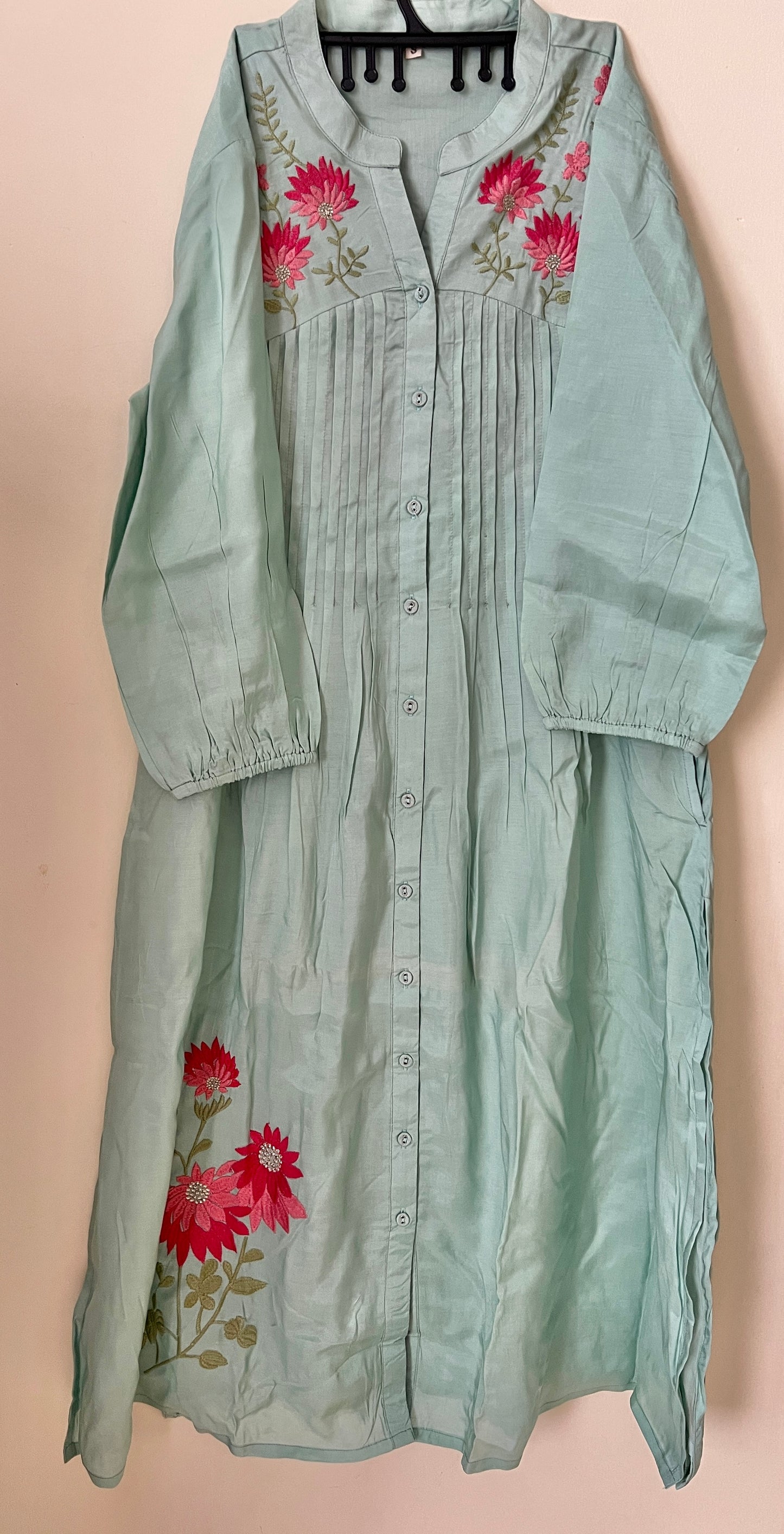 A0207 sea blue muslin two piece set with machine embroidery detailing