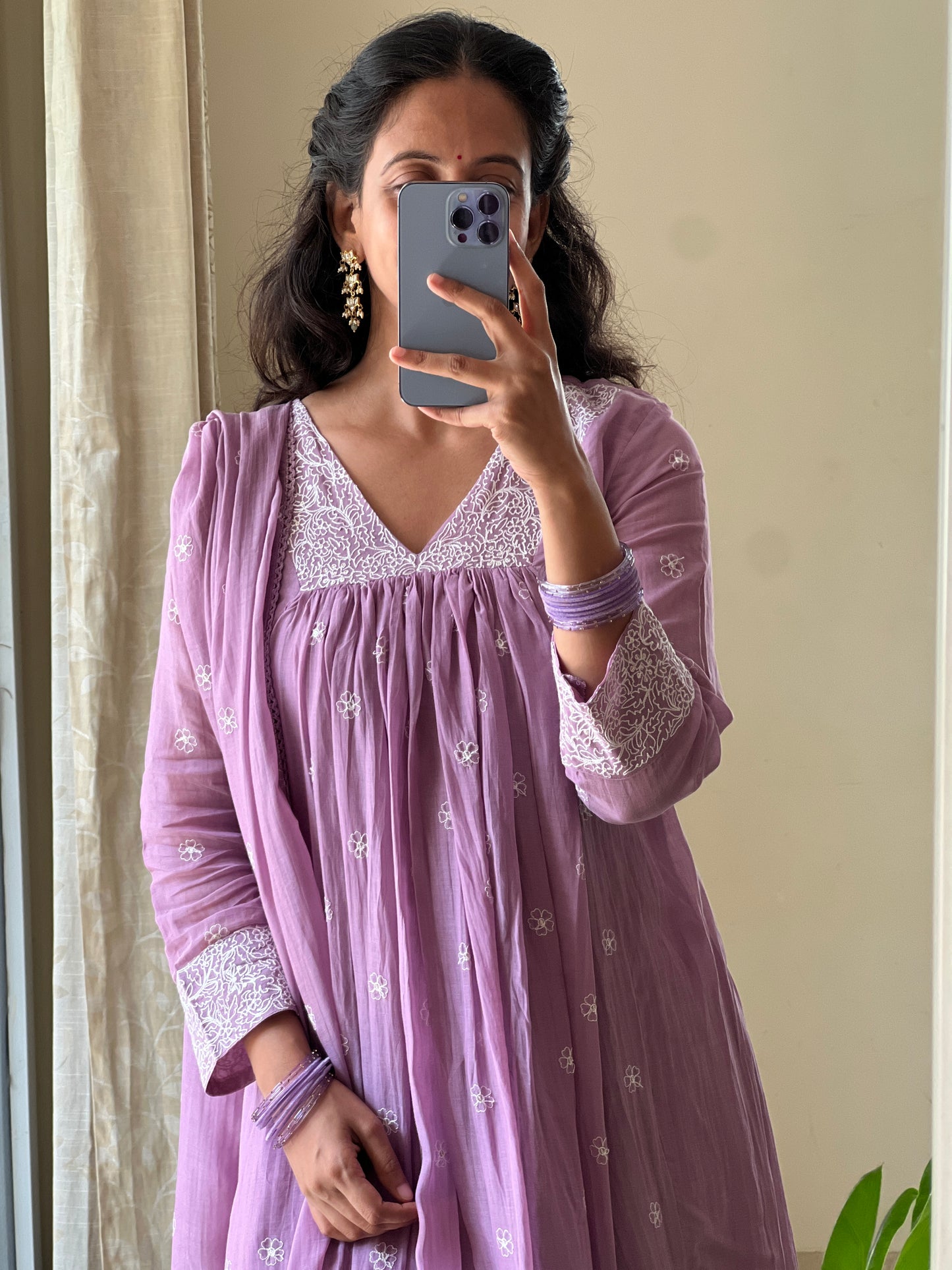 A0518 lavender mul chanderi 3 piece dress with embroidery detailing all over the dress