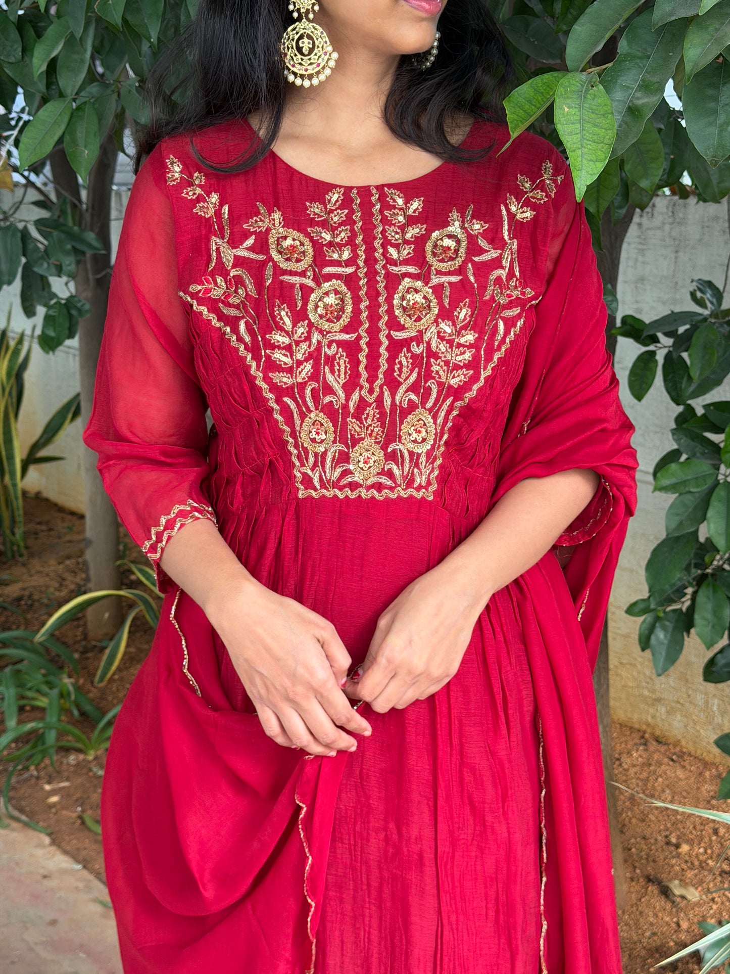 A0615 red mul chanderi 3 piece suit with zardosi hand embroidery detailing & smoking details at sides