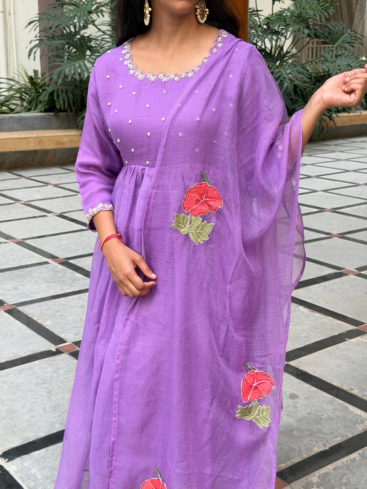 A0674 lavender Kota 3 piece dress with hibiscus butties embroidery all over the duppatta & pearl embroidery on yoke part