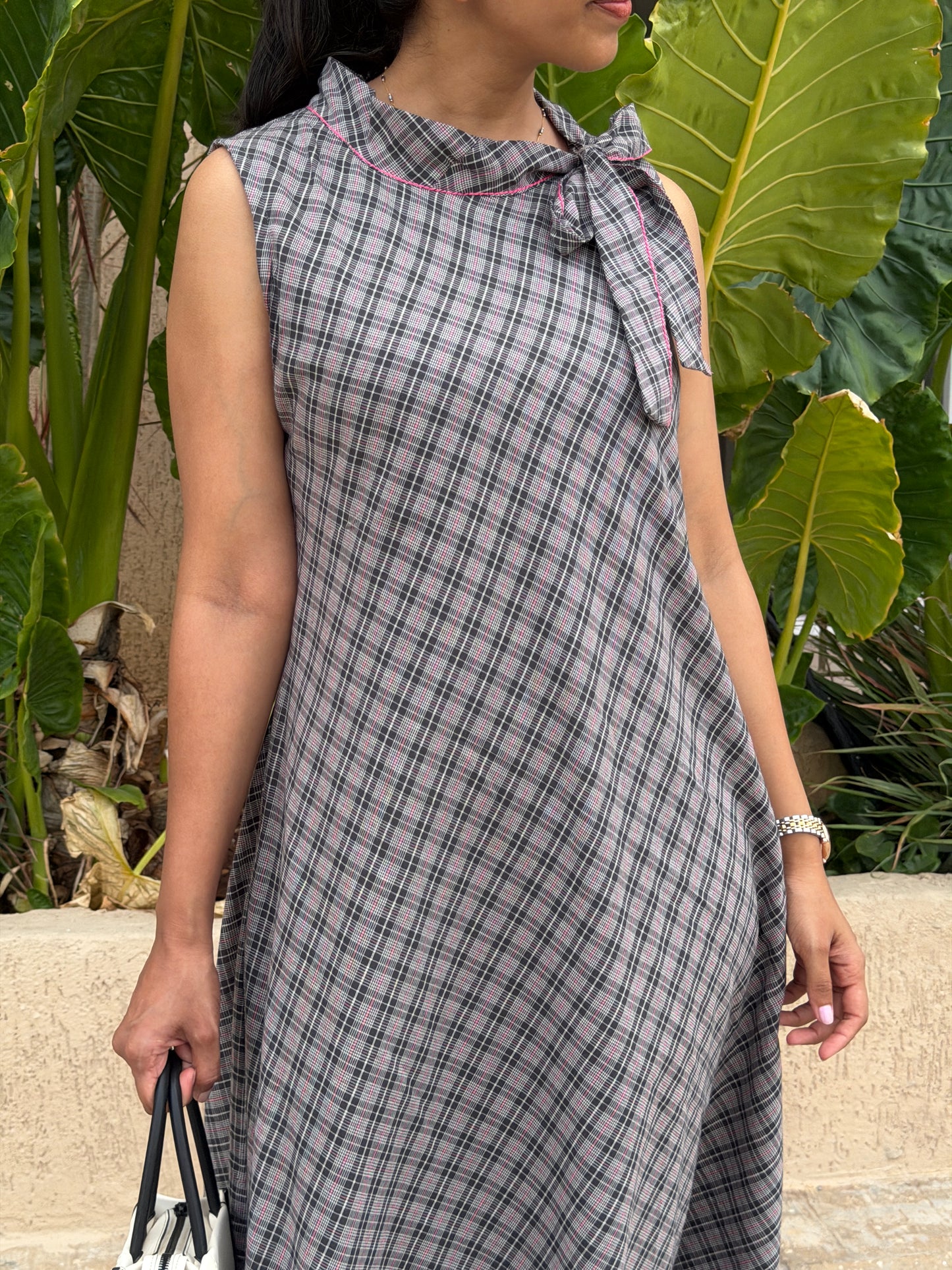 A0778 Soft cotton handloom black Bow dress