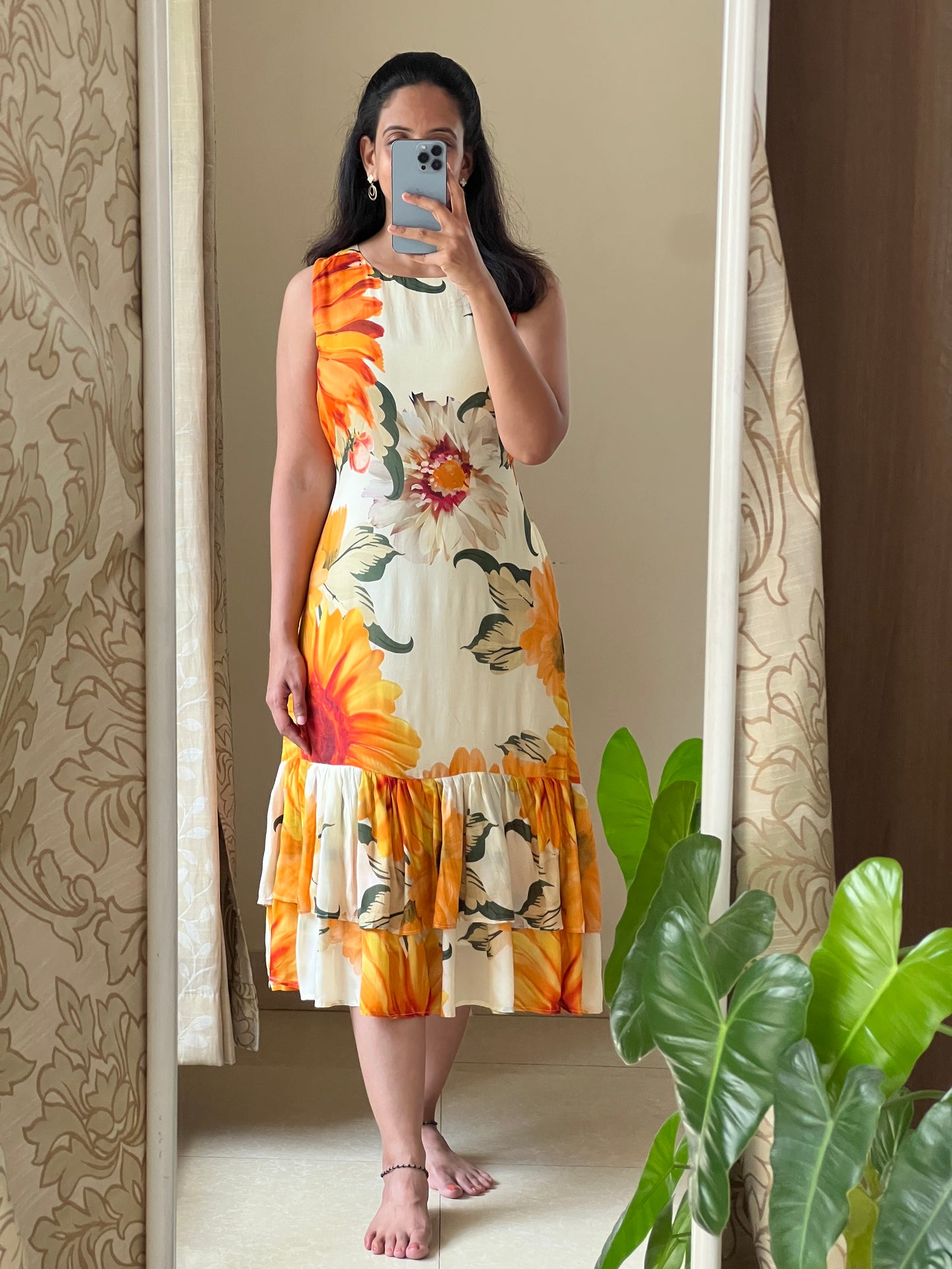 A0511 sunflower cotton silk one piece dress with digital floral printed pattern, sleeves are provided inside