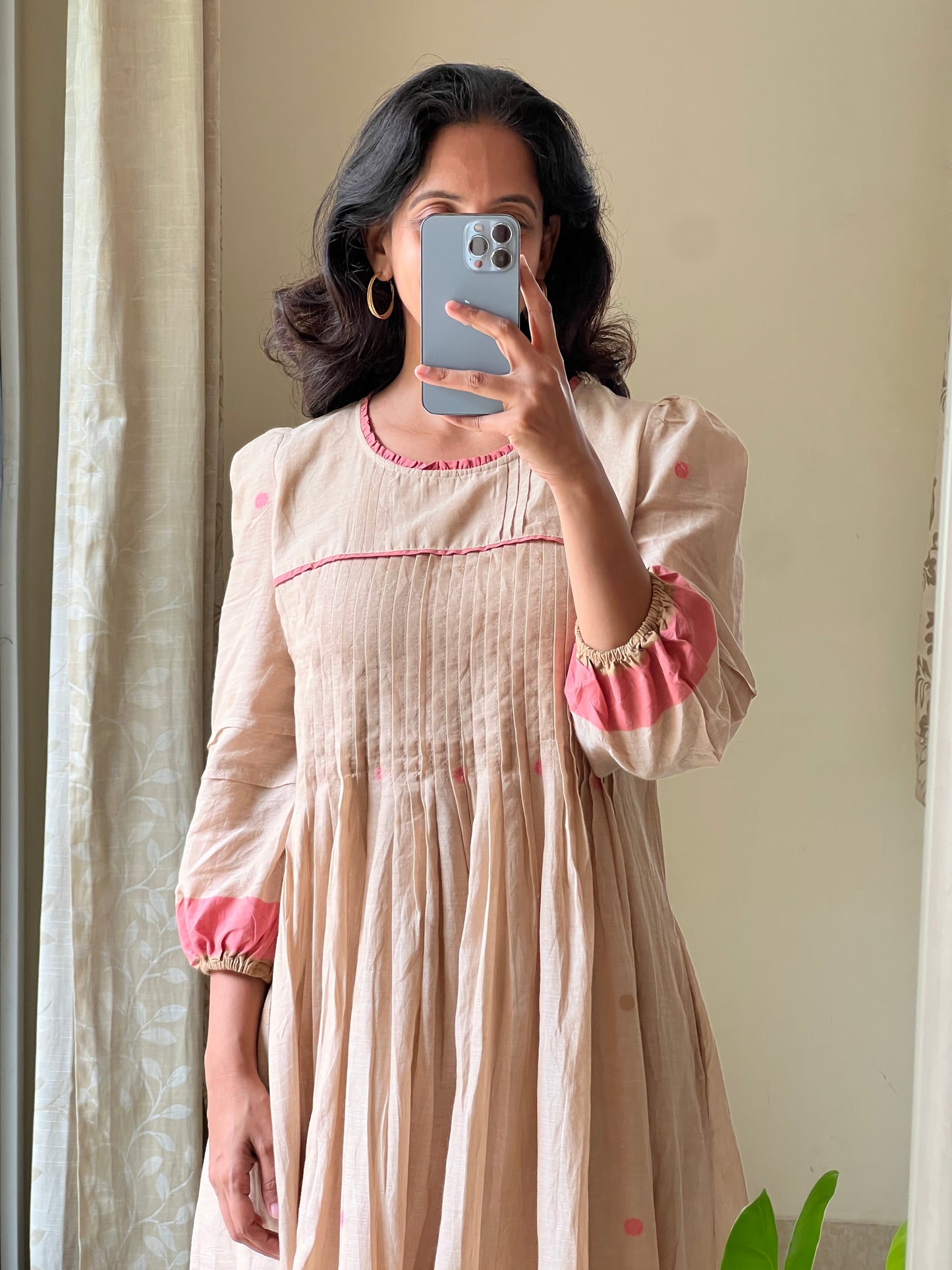 A0507 cream Bengal cotton jamdani one piece layered dress
