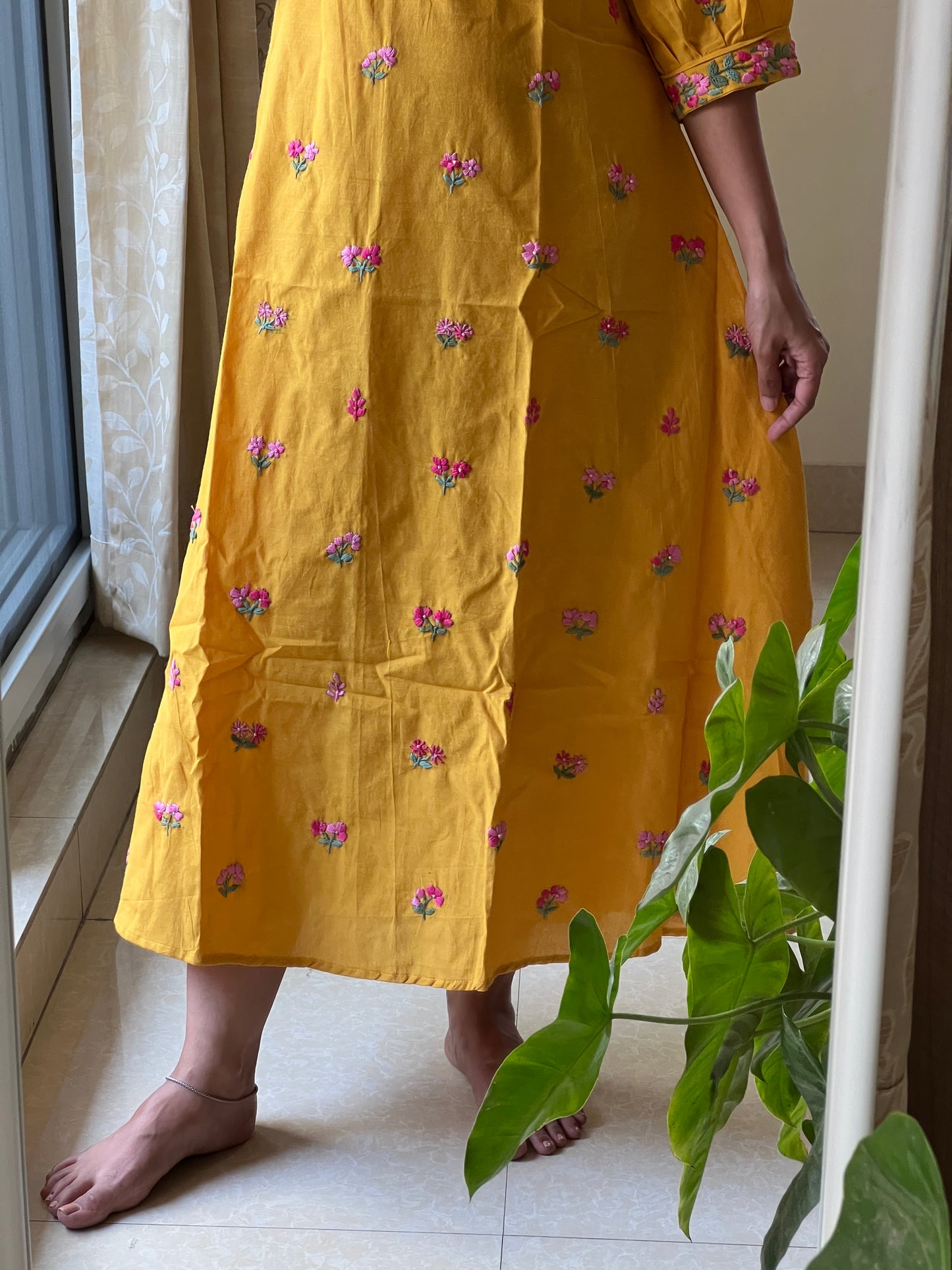 9086 mustard yellow handloom cotton a line one piece dress
