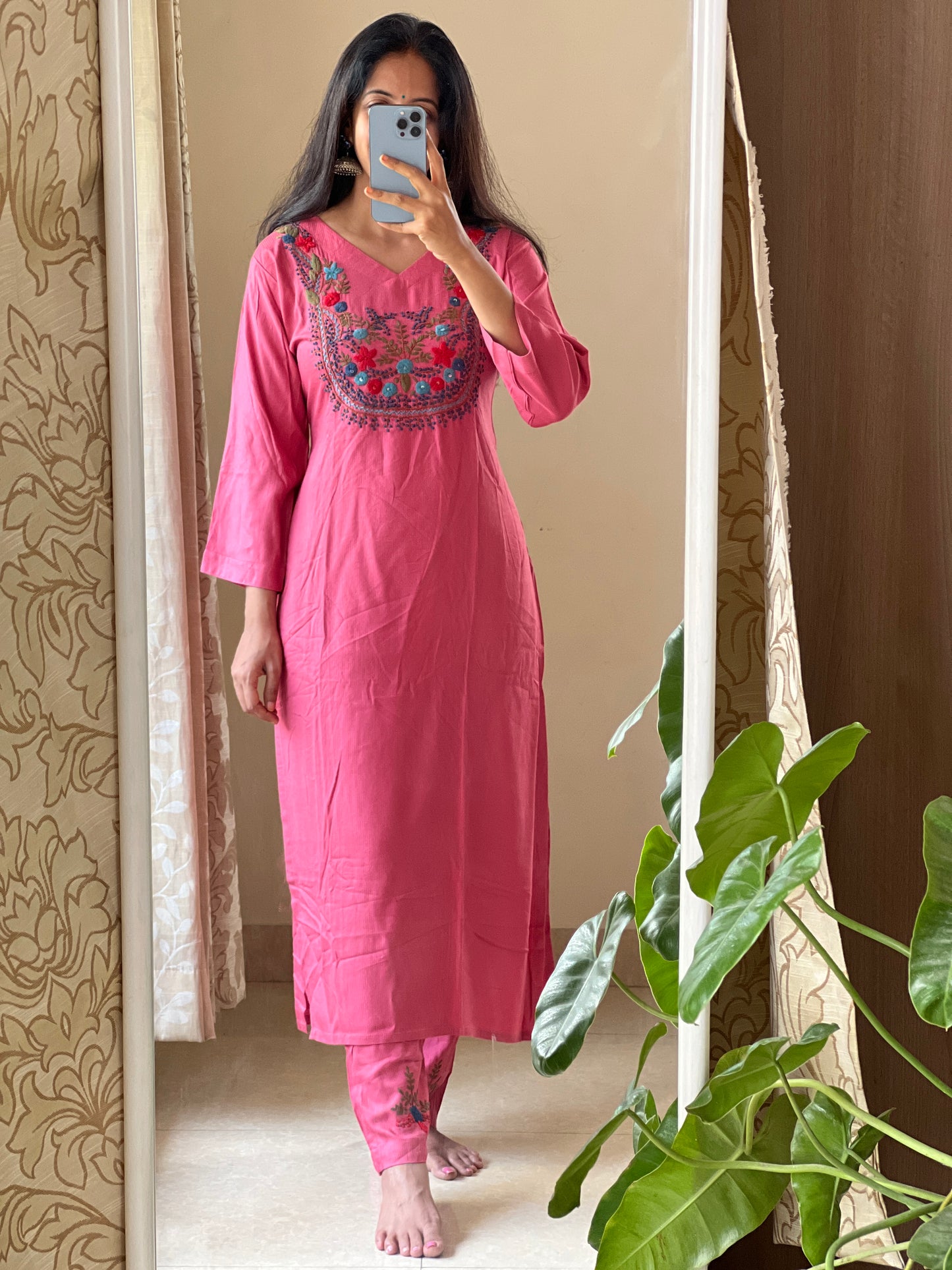 A0150 handloom fabric 2 piece dress with hand embroidery detailing