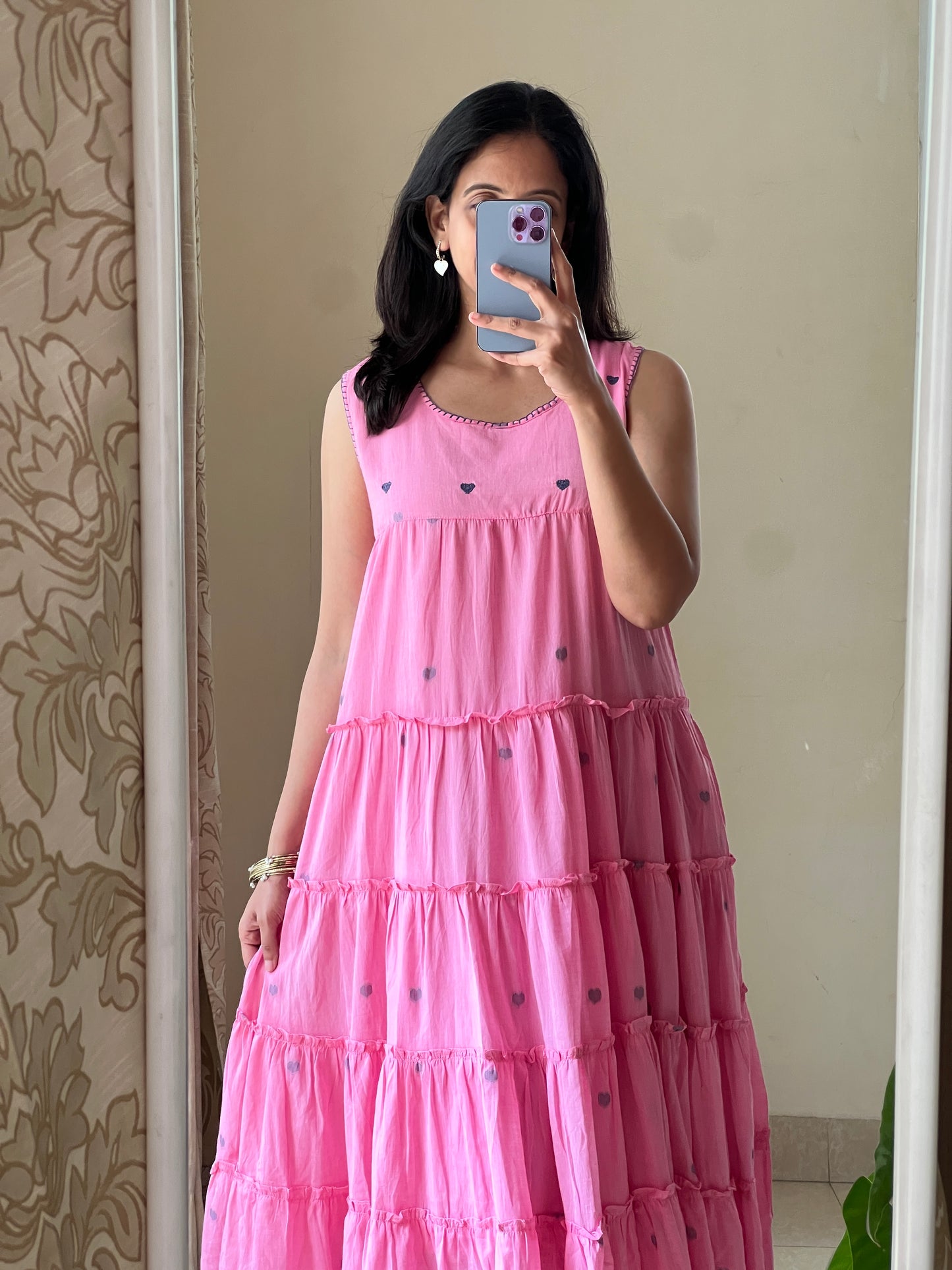A0489 Pink heart Bengal cotton jamdani one piece dress comes with sleeves inside