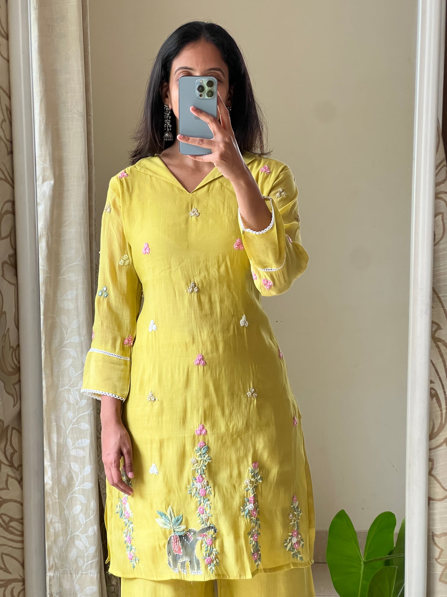 A0515 yellow mul chanderi 2 piece dress with hand paint & hand embroidery detailing