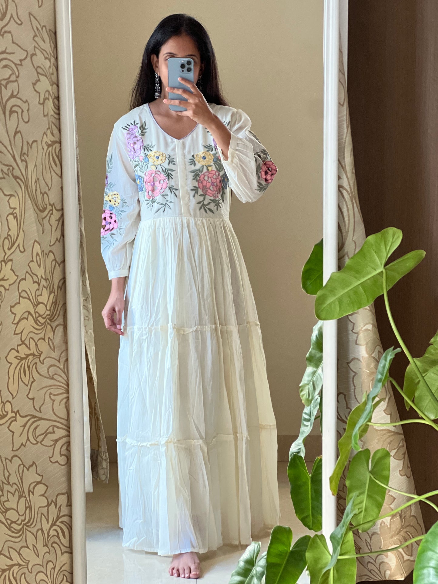 A0216 half white Mulmul one piece dress with cut work embroidery