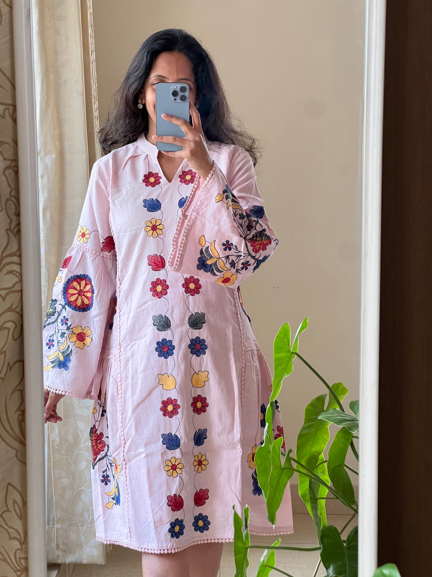 A0138 Nude Pink Premium Cotton Short frock with Machine Embroidery