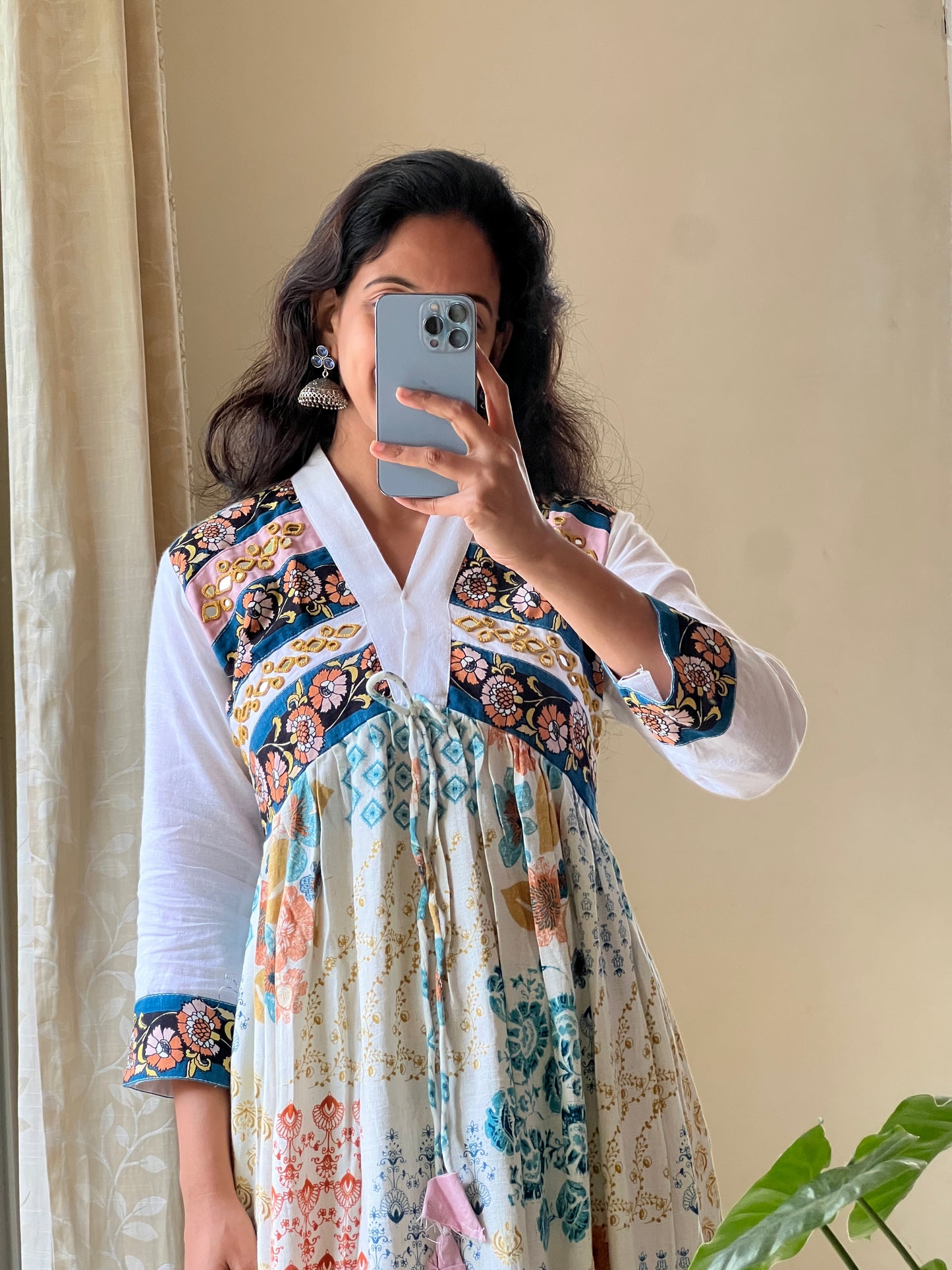 A010 white Imported Cotton falling fabric with original mirror hand embroidery work on yoke part one piece dress