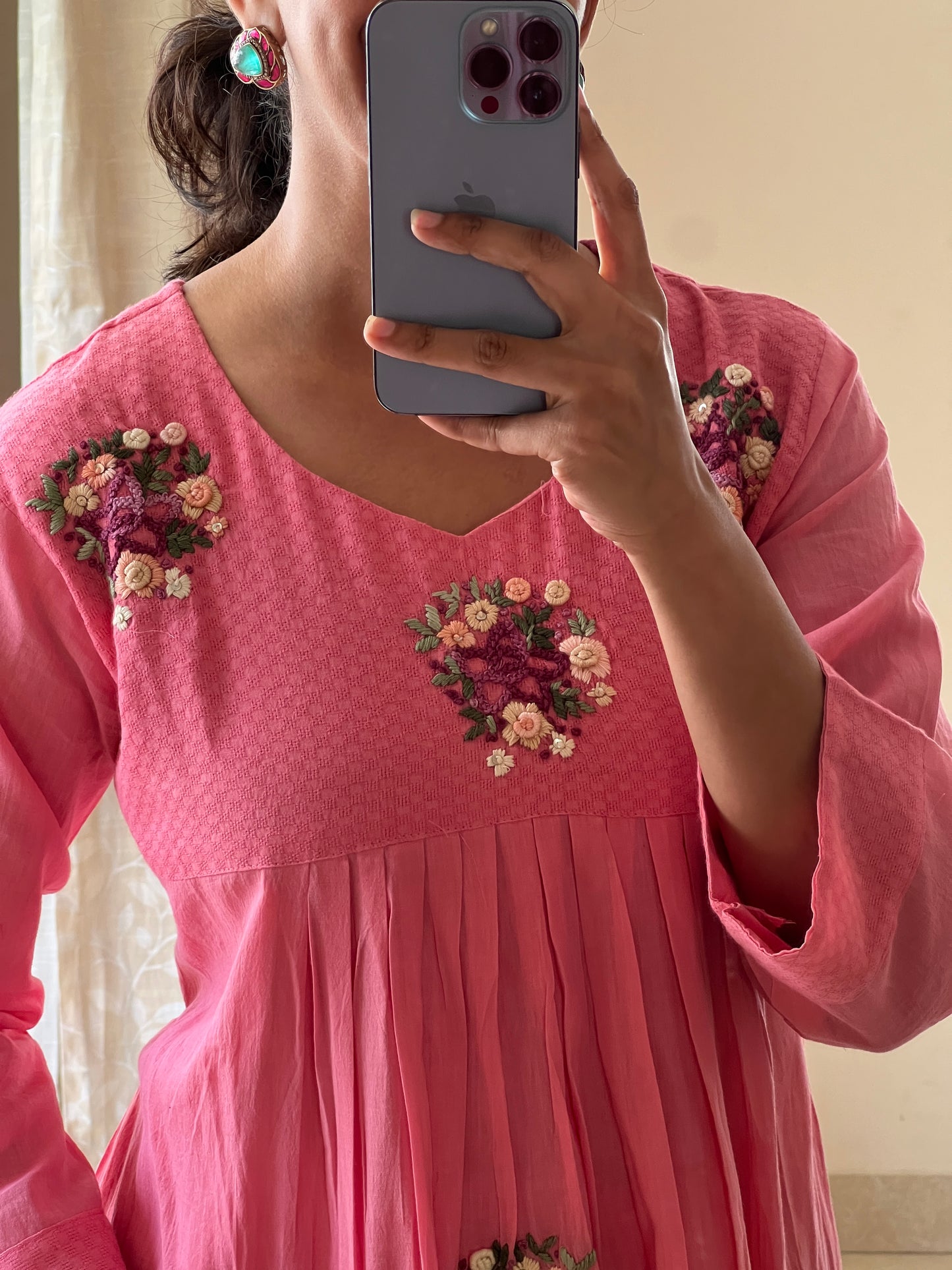 A0503 pink mul cotton 2 piece dress with hand embroidery detailing comes with plazzo pants
