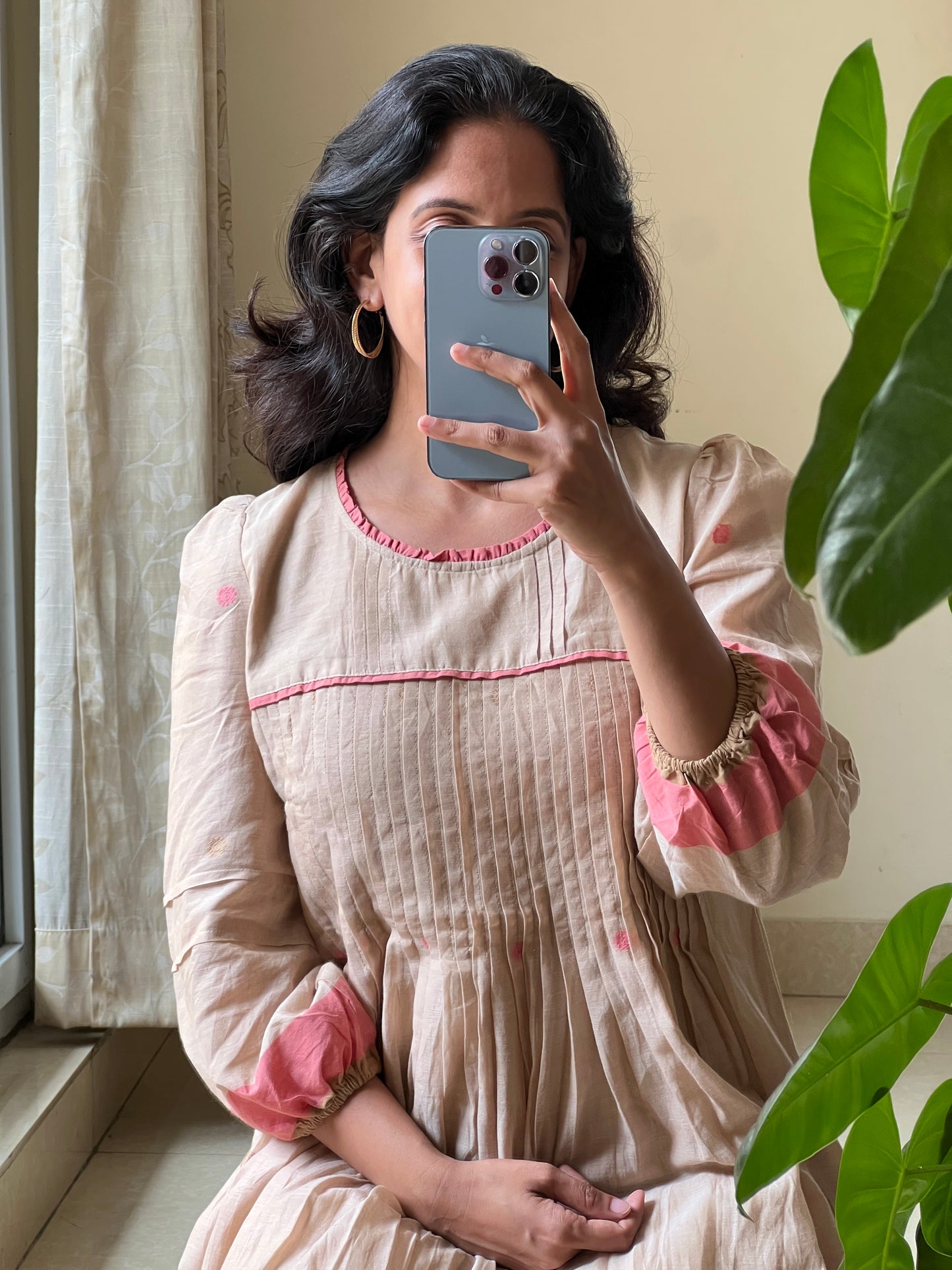 A0507 cream Bengal cotton jamdani one piece layered dress