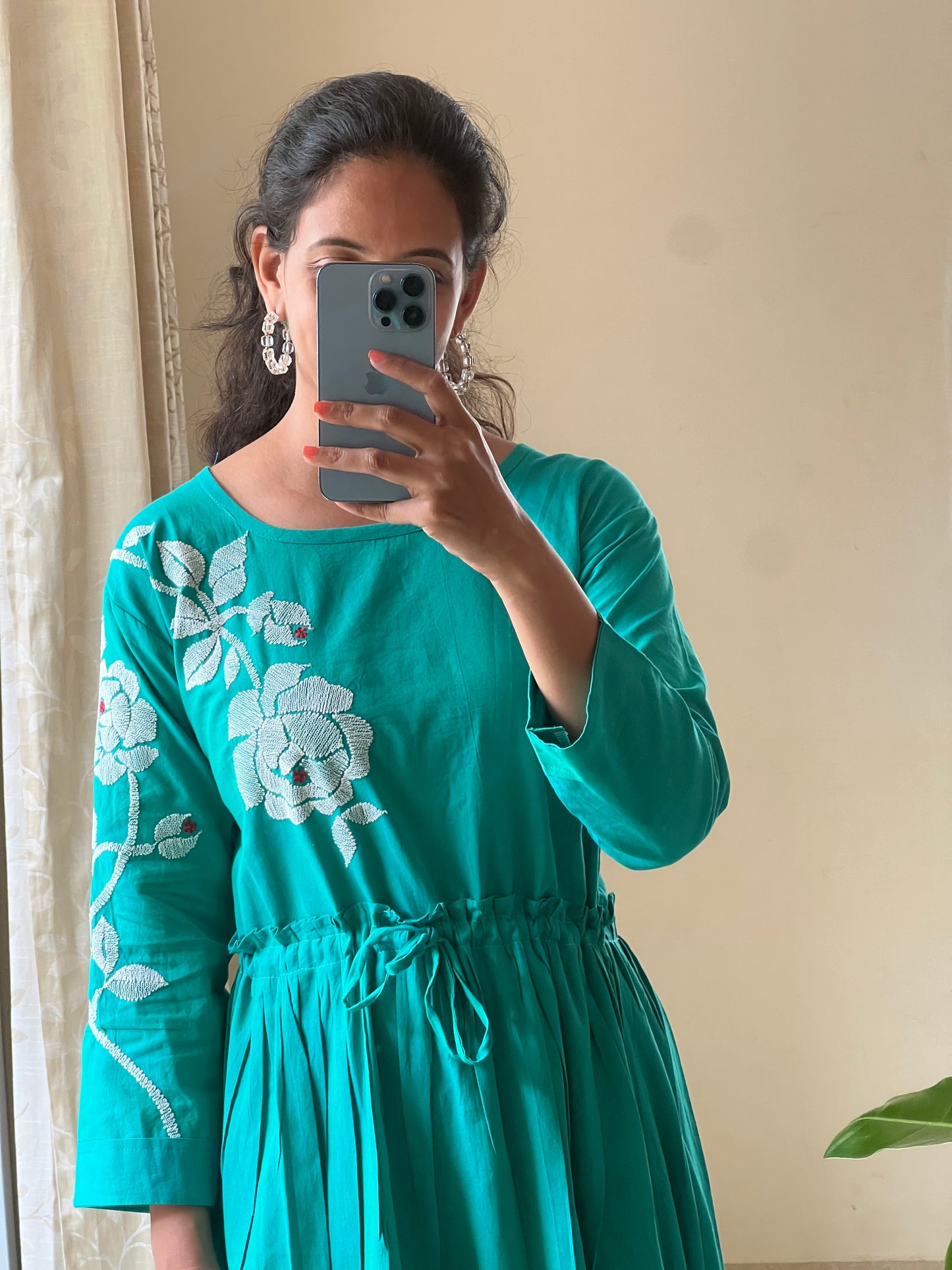 A0048 handloom cotton one piece dress with machine embroidery and adjustable tie ups