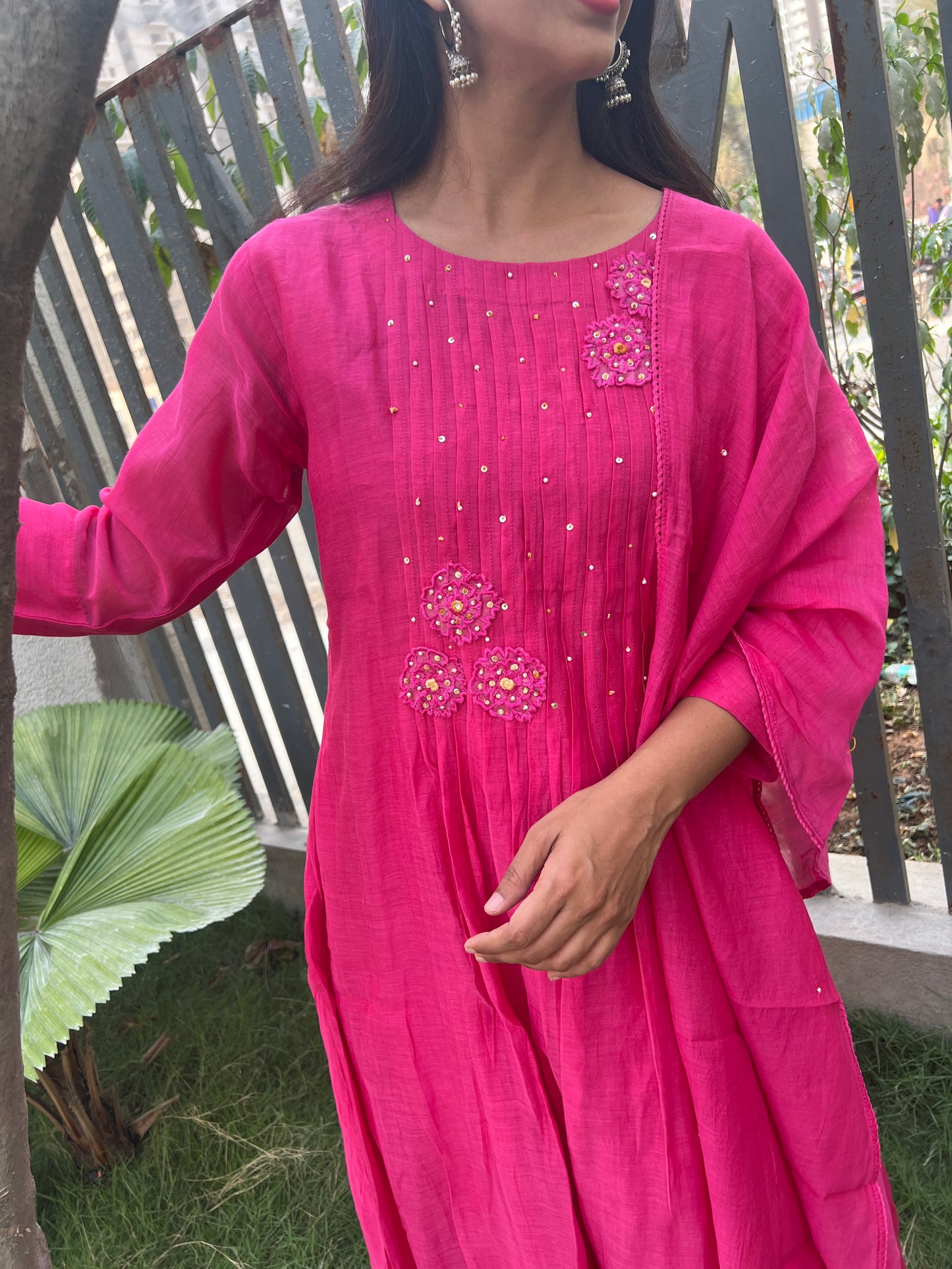 A0327 Mul chanderi 3 piece in pink shade with applique and pearl detailing