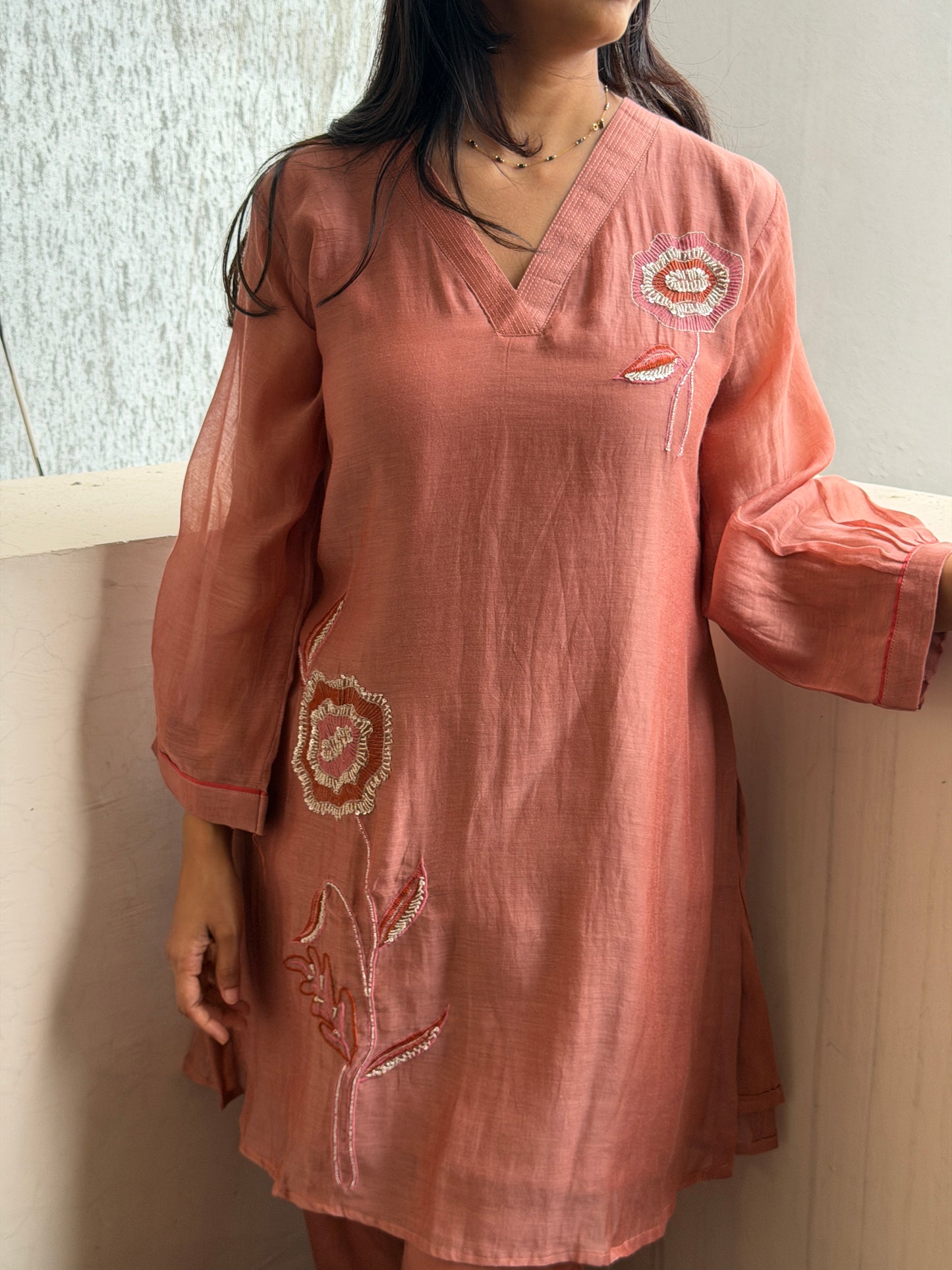 A0802 Mocha musse Premium Mul Chanderi 2pc set with embroidery detailing