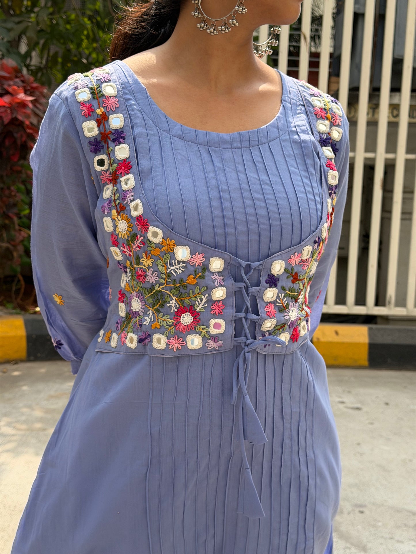 A0586 Lavender dress with mirror and hand emb detailing, comes with cotton lining