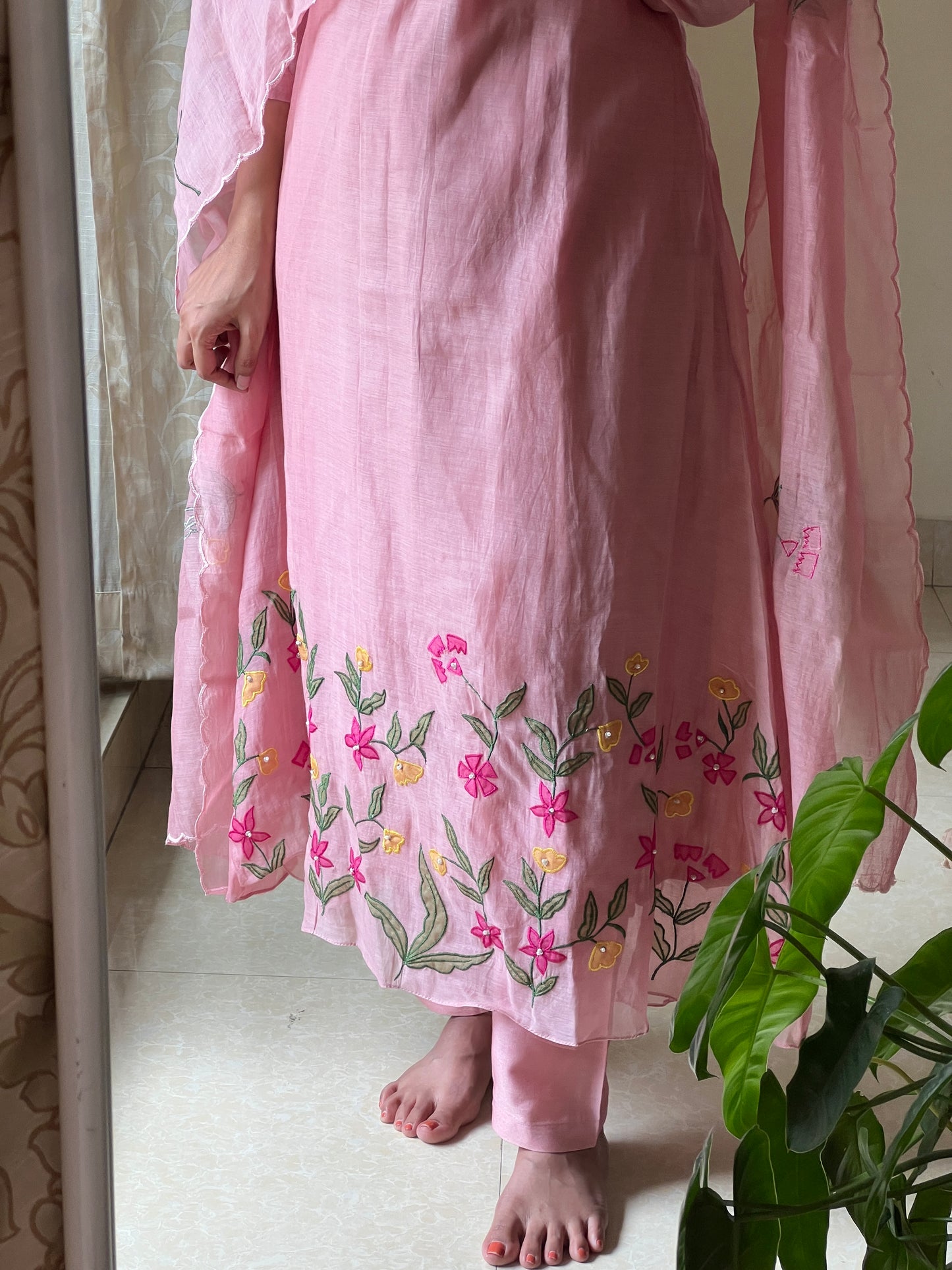 A0420 nude pink mul chanderi 3 piece dress with applique work embroidery