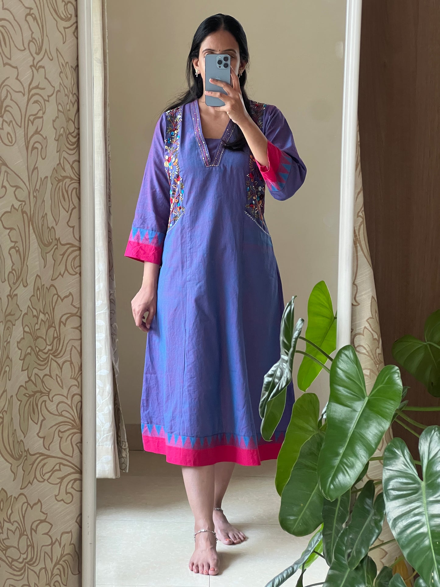 A0591 blue handloom cotton one piece dress with hand embroidery detailing over the pockets & v neck with Kantha work detailing