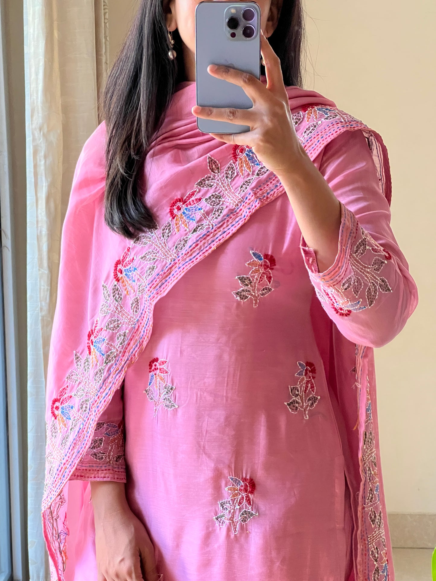 A0557 pink mul chanderi Aline 3 piece dress with Kantha work detailing all over the dress & duppatta( in pictures it’s looking straight cut but it’s Aline style )