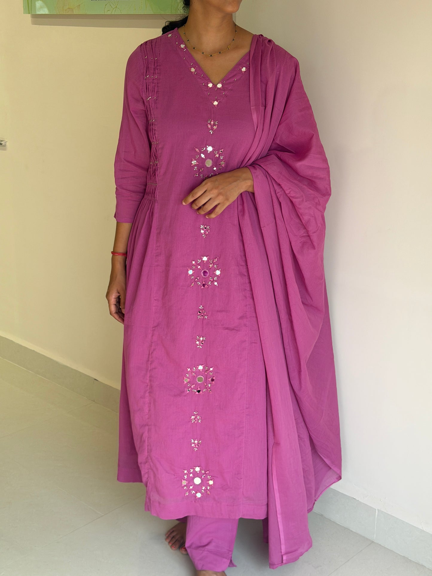 A0730 pink mul cotton 3 piece with mirror embroidery detailing & side pleats