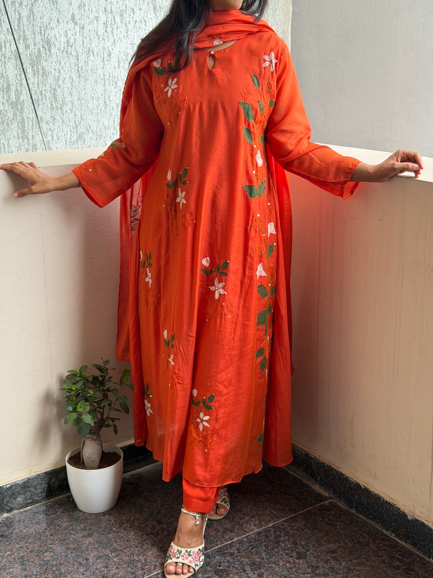 A0794 Orange Mul Chanderi 3pc set with hand painted and kanta detailing