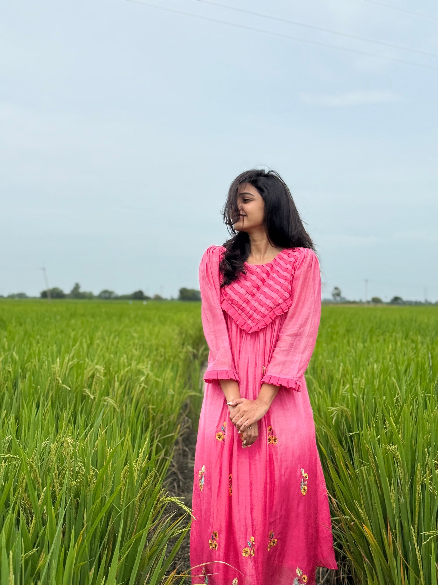 A0539 Pink Bloom 🌸 mul chanderi shaded one piece dress with floral embroidery and different yoke part